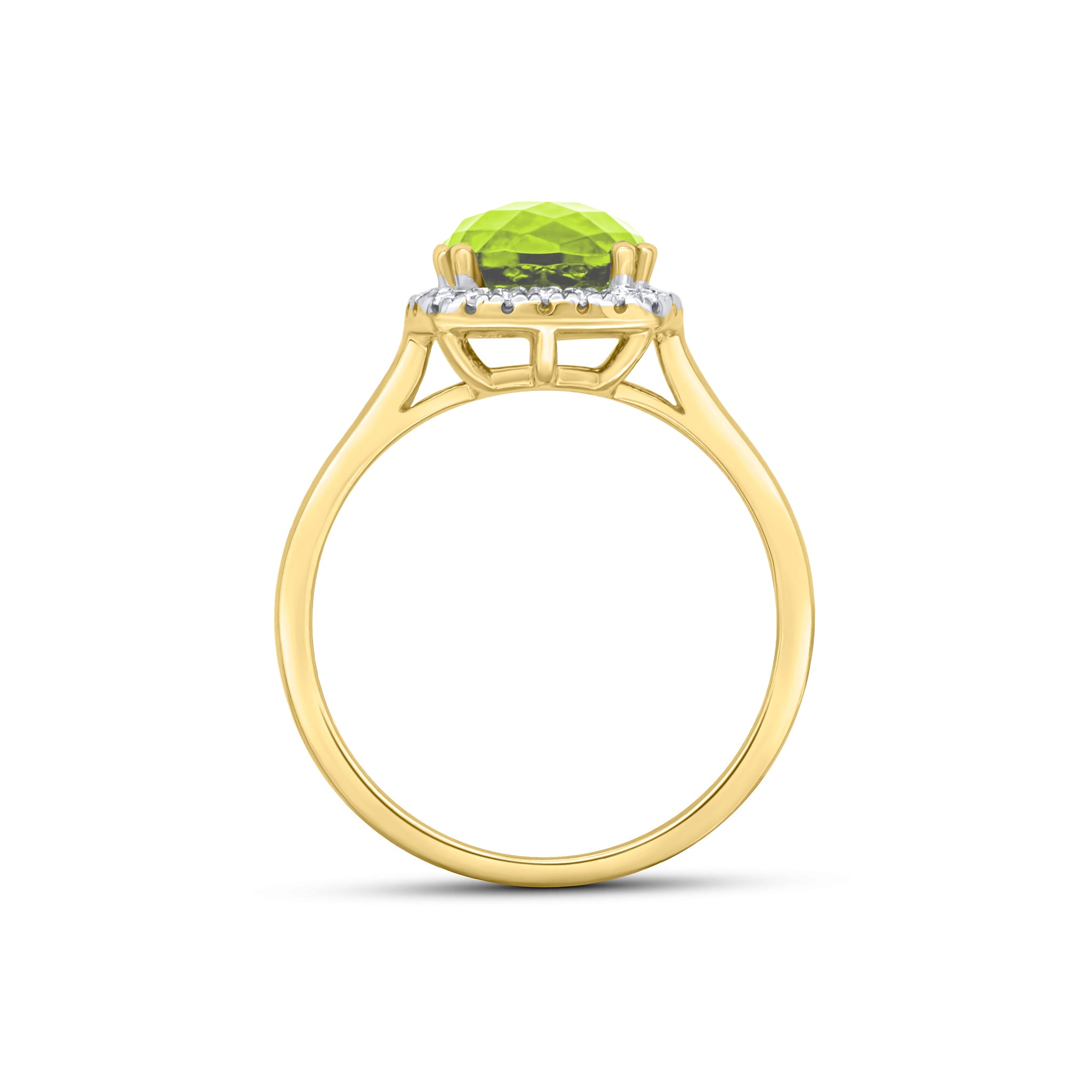 9ct Yellow Gold 8mm Checkerboard Cut Cushion Peridot and Round Diamond Claw Set Cluster Ring