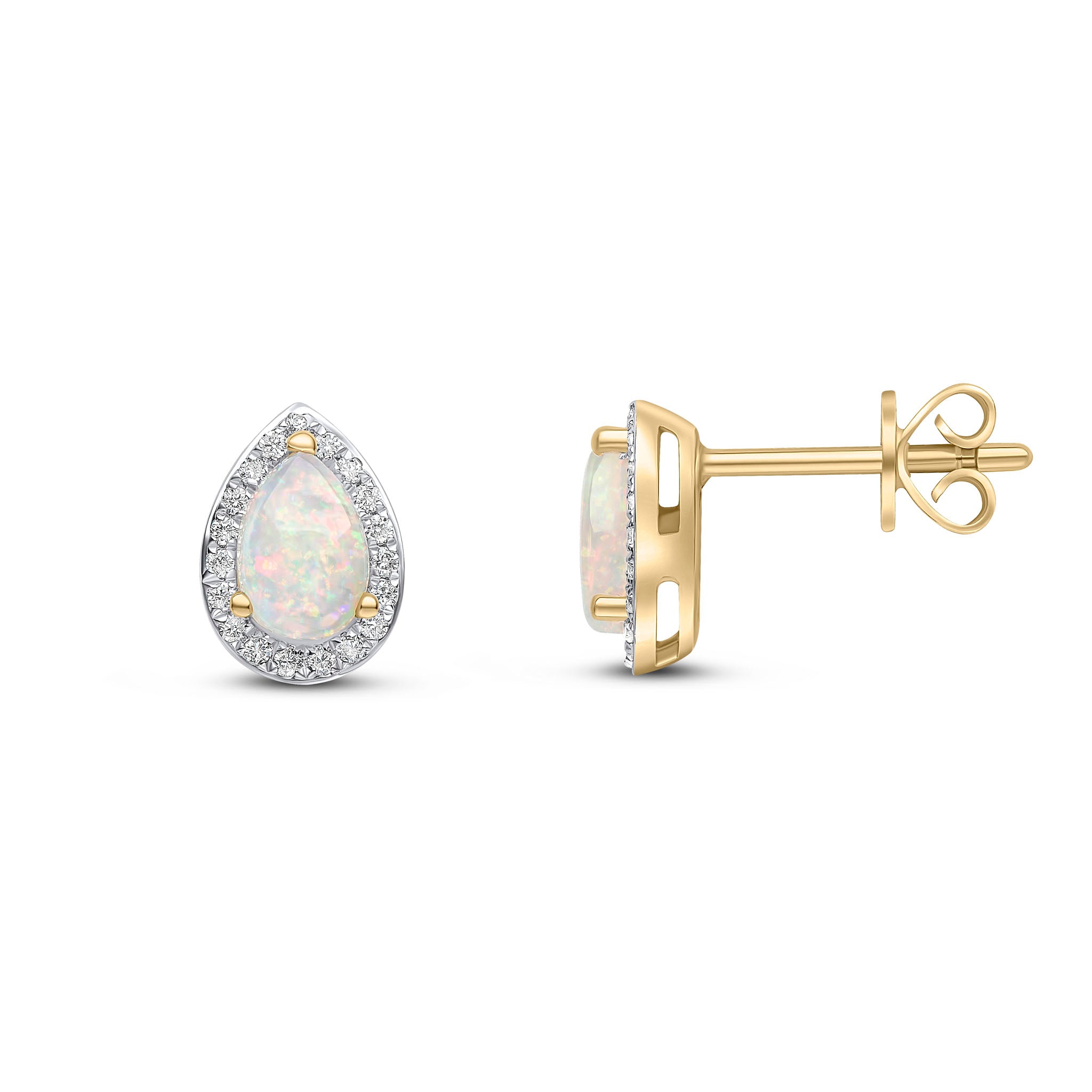 18ct Yellow Gold Claw Set 6x4 Pear Shape Opal and Grain Set Round Diamond Cluster Earrings Rhodium to Diamonds