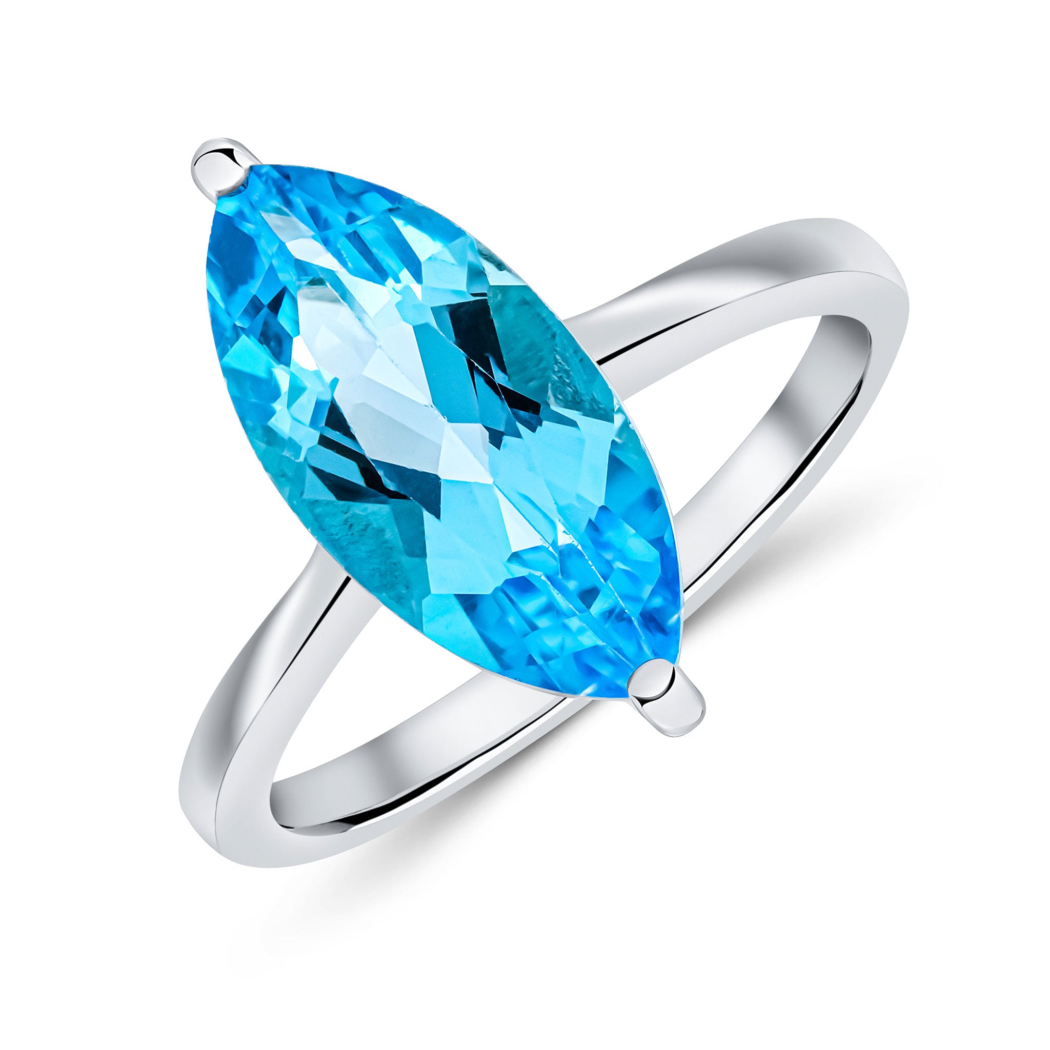 9ct White Gold 15x7mm Marquise Swiss Blue Topaz Claw Set Single Stone Ring