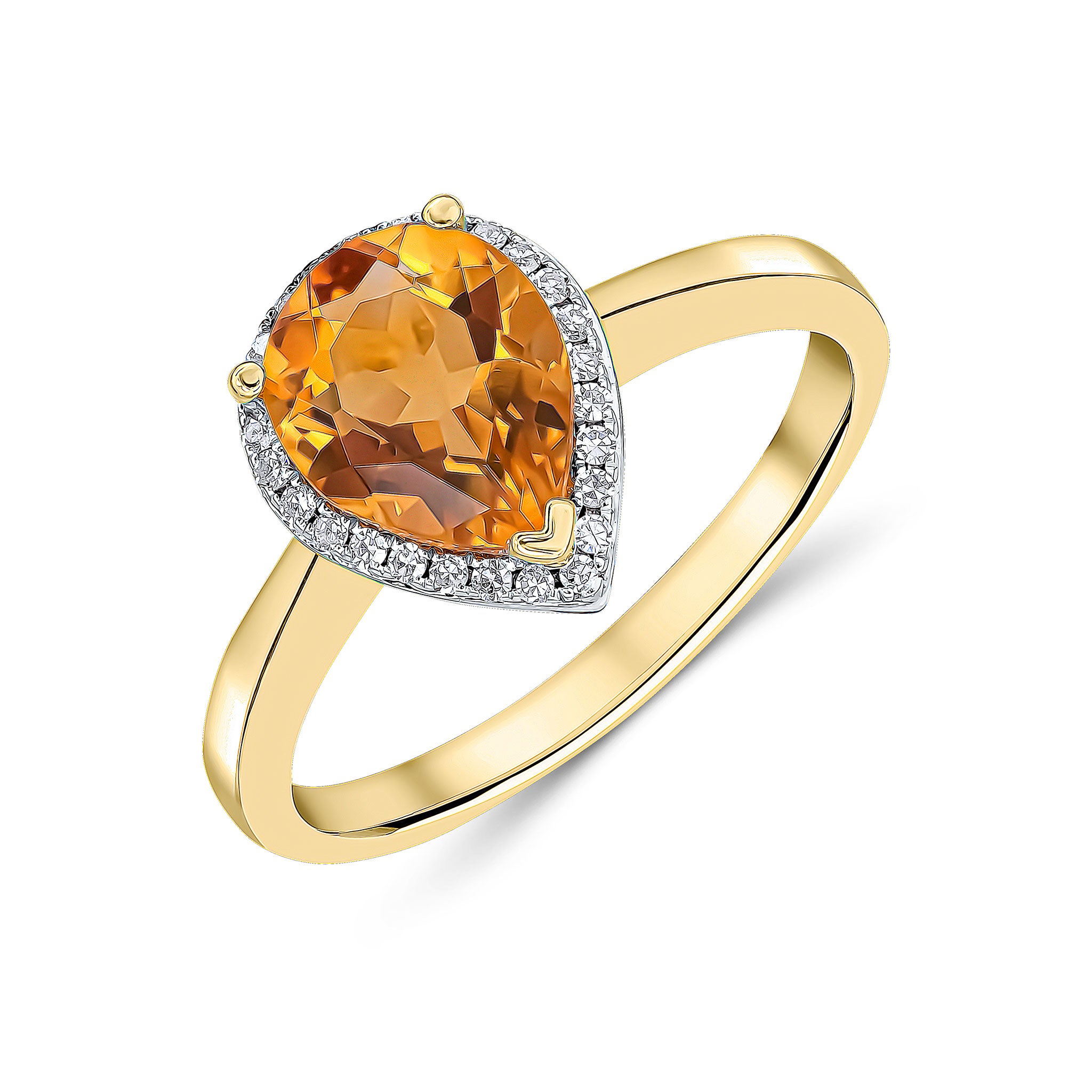 9ct Yellow Gold 9x7 Pear Shape Citrine & Diamond Claw Set Cluster Ring Rhodium to Diamonds
