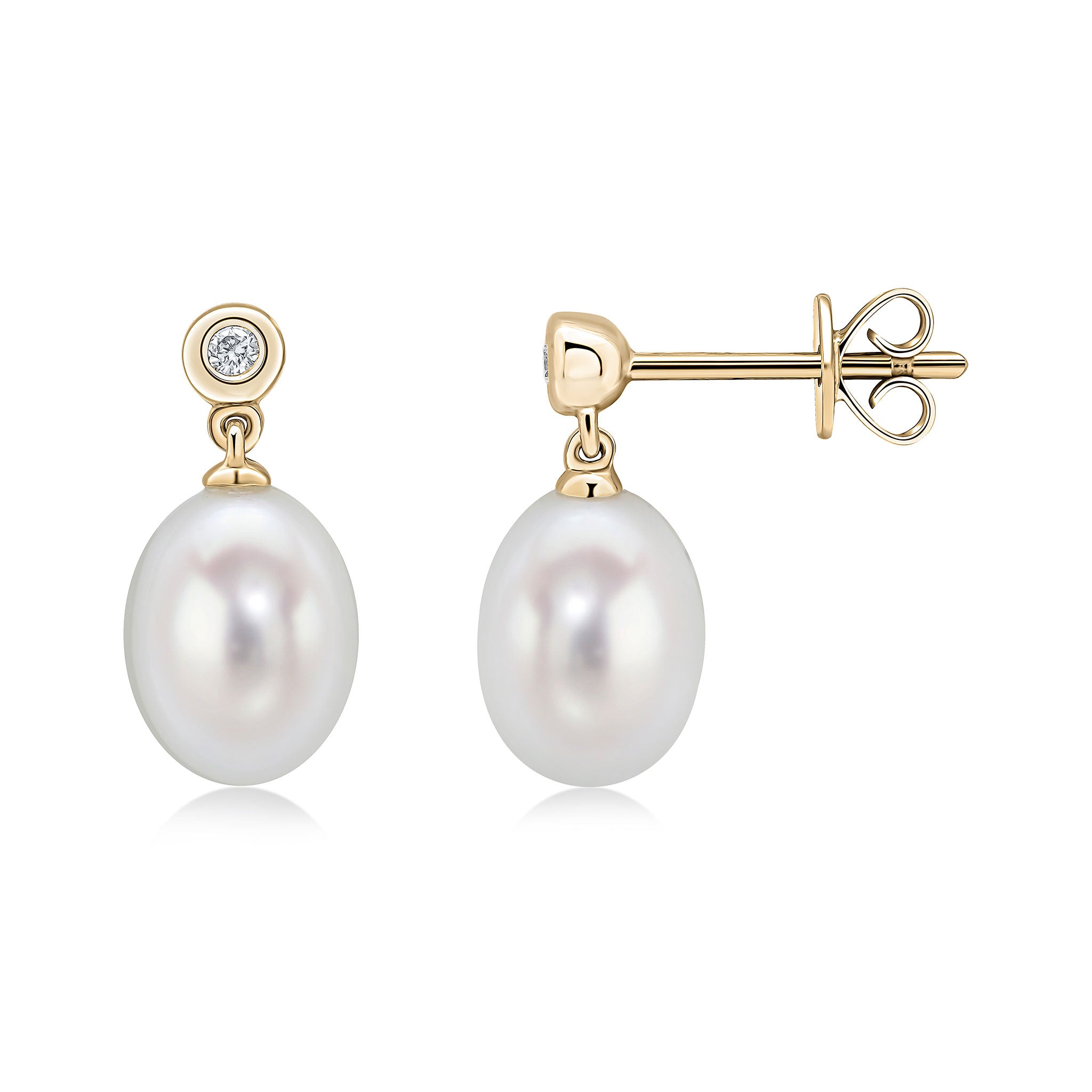 18ct Yellow Gold Freshwater Cultured Pearl and Diamond Rubover 2 Stone Drop Earrings
