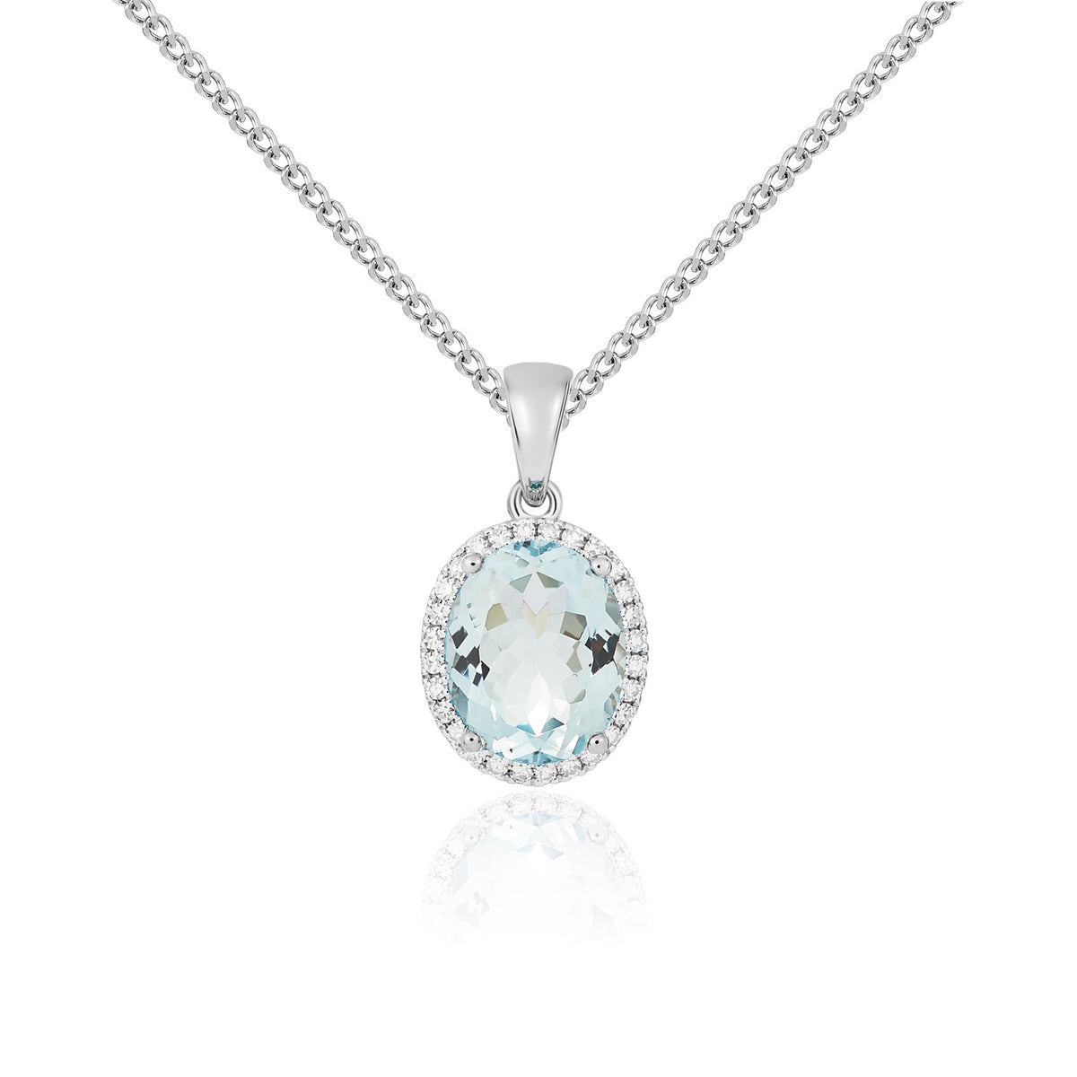 9ct White Gold 10x8 Oval Aquamarine and Diamond Claw Set Cluster Pendant