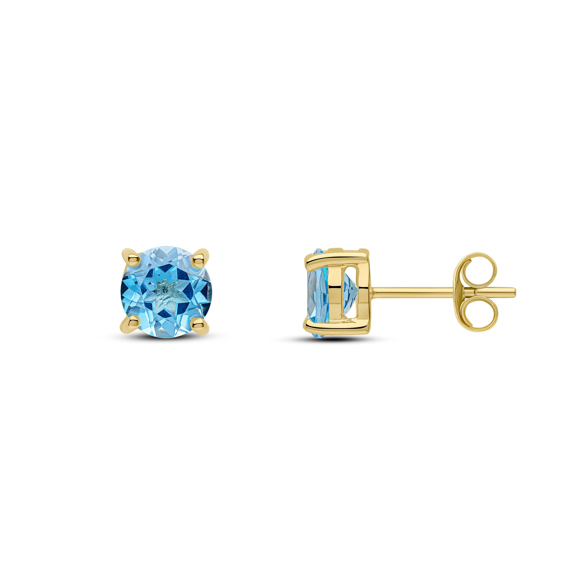 9ct Yellow Gold 6mm Round Swiss Blue Topaz 4 Claw Earrings