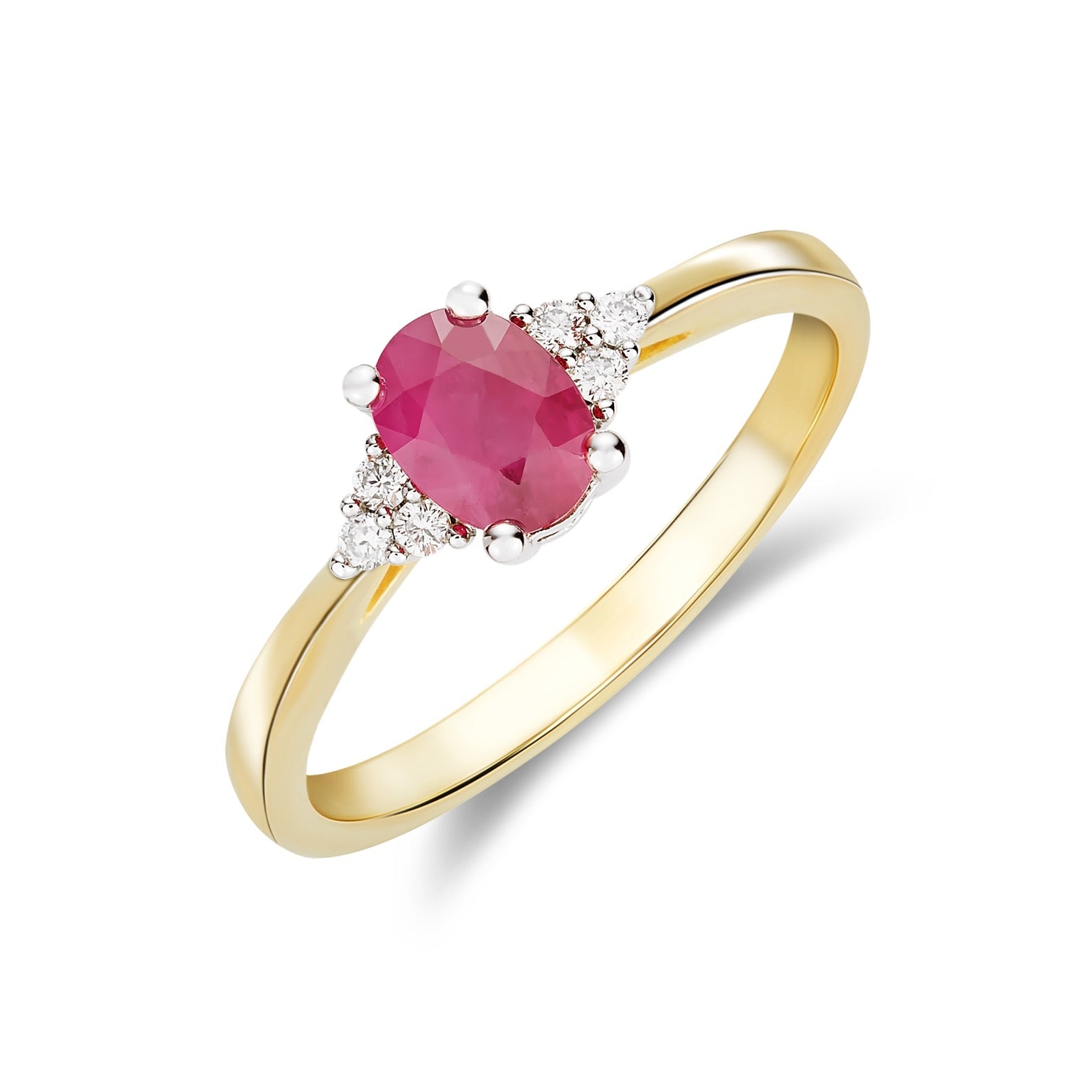 9ct Ywg 7x5 Oval Ruby & Diamond Trefoil Shoulders Claw Set Ring