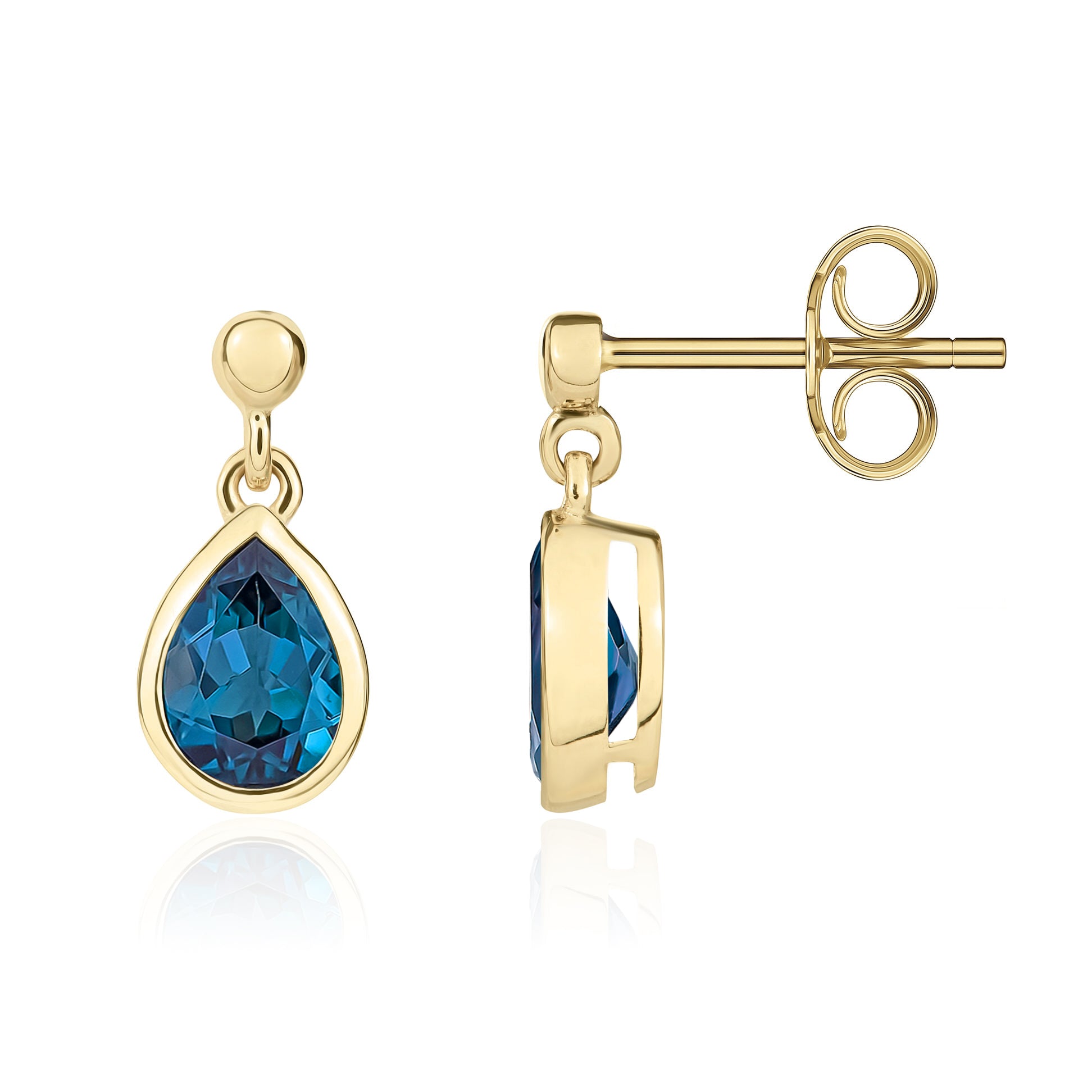 9ct Yellow Gold 7x5 Pear Shape London Blue Topaz Rubover Drop Earrings with Bead Top
