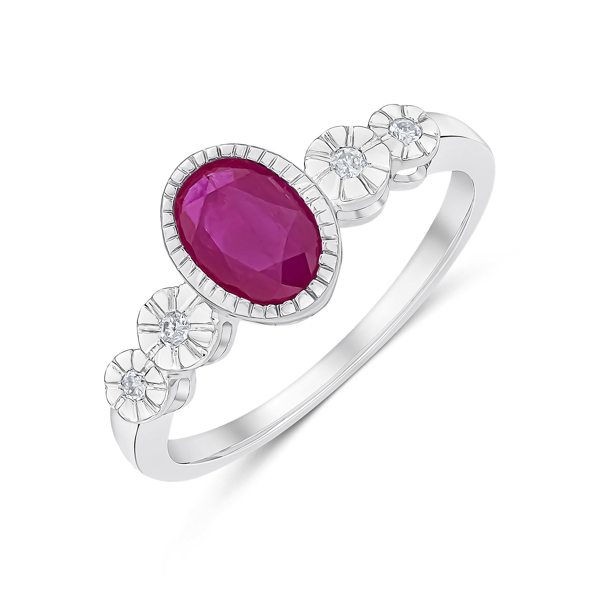 9ct White Gold Milgrain Oval Ruby and Illusion Diamond 4 Stone Shoulders Ring