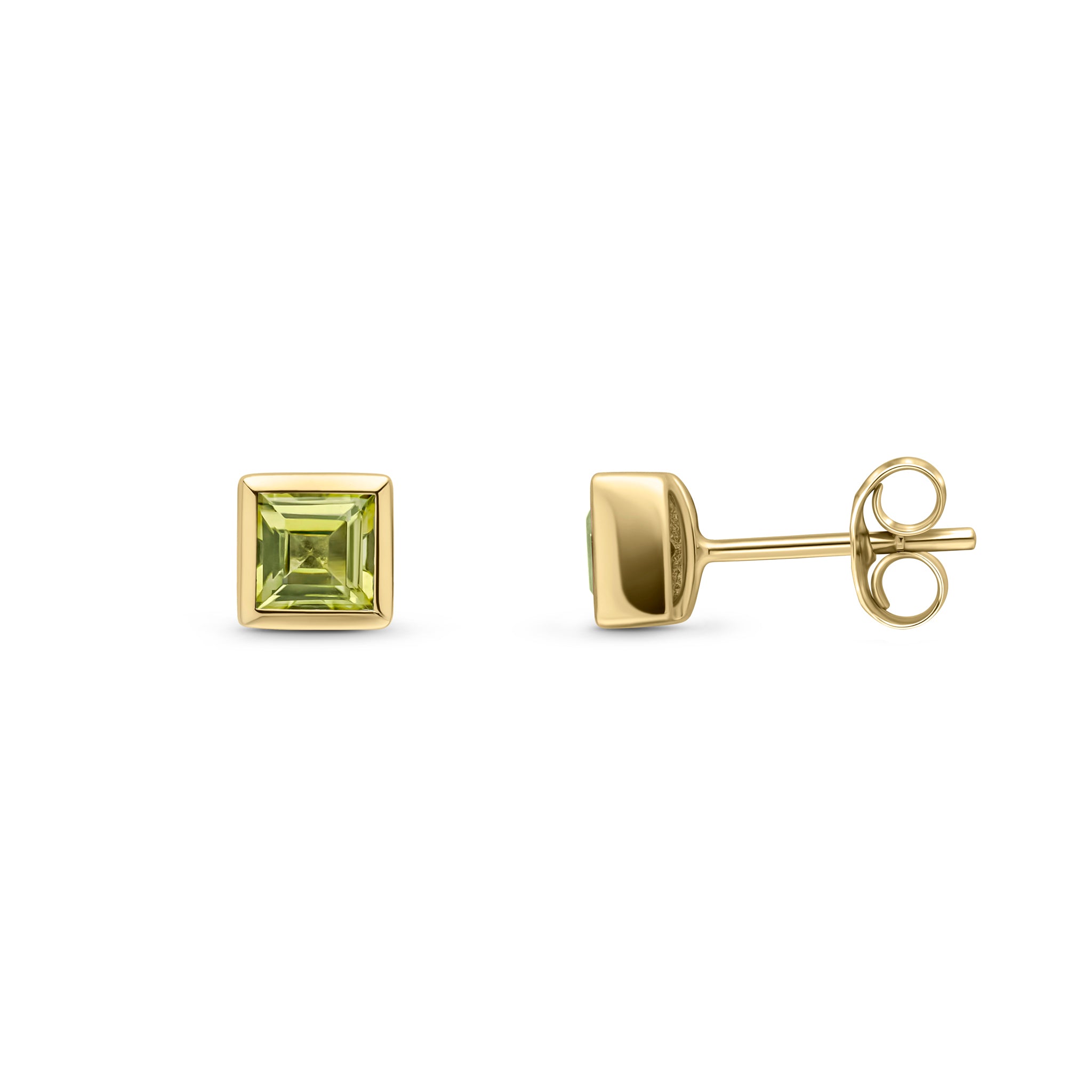 9ct Yellow Gold 3mm Square Peridot Rubover Set Earrings
