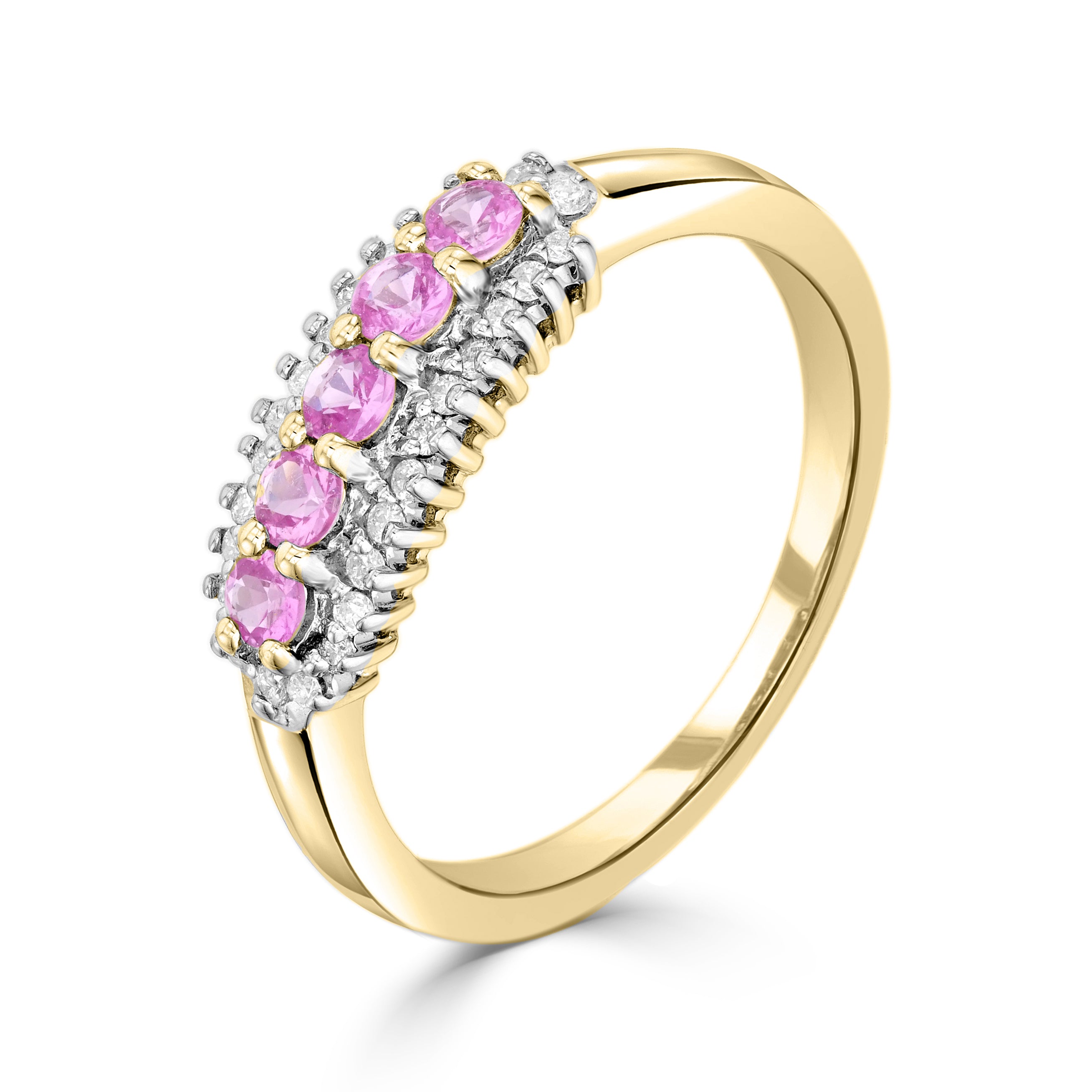 9ct Yellow Gold Round Pink Sapphire and Round Diamond 3 Row Claw Set Band Ring Rhodium to Diamonds