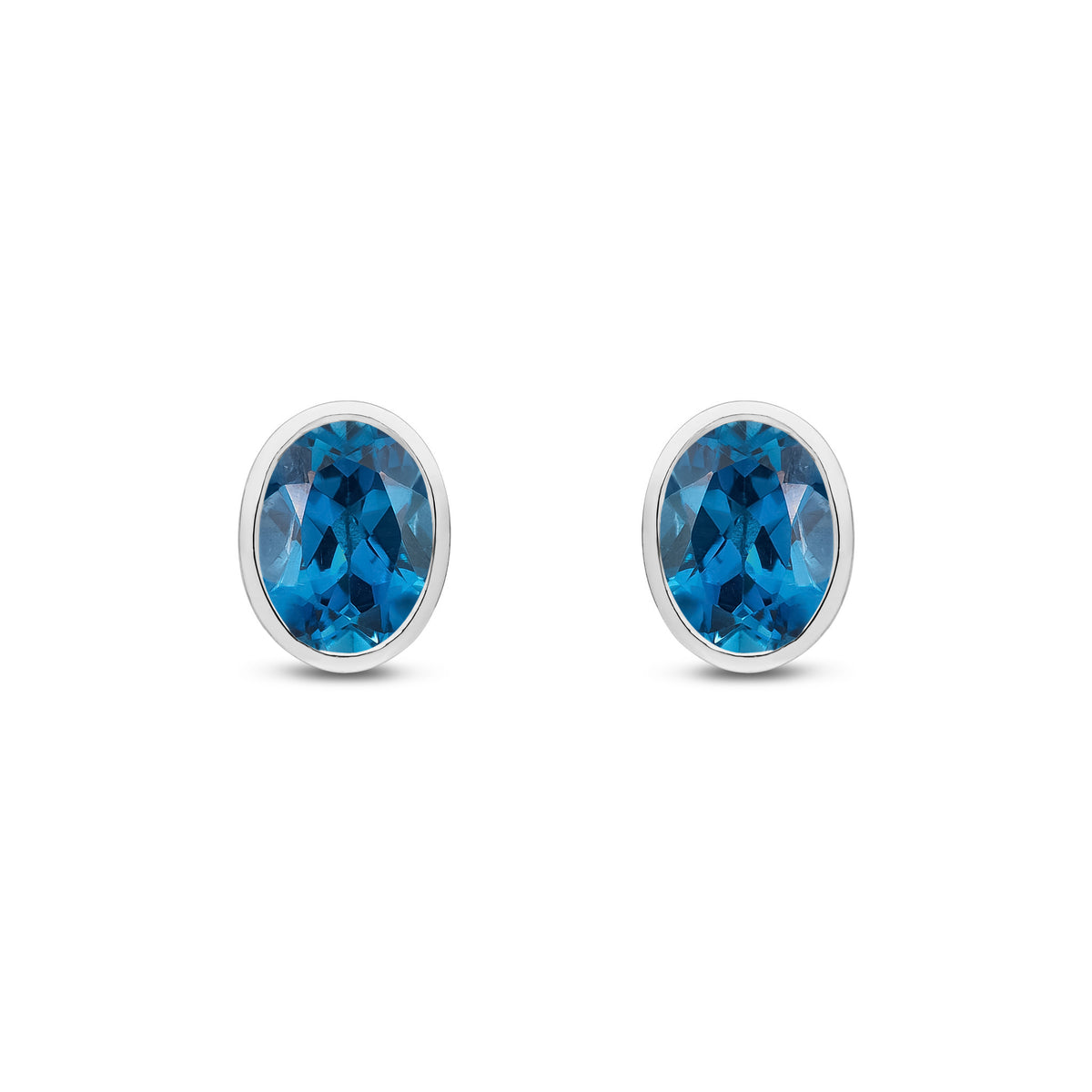 9ct White Gold 8x6 Oval London Blue Topaz Rubover Earrings
