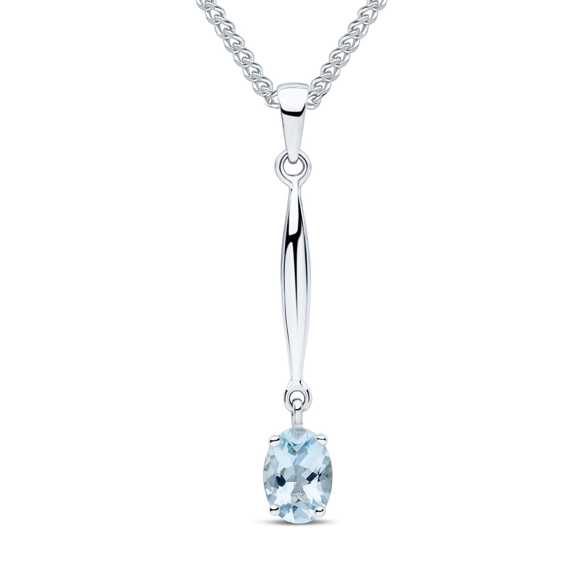 9ct White Gold 7x5 Oval Claw Aquamarine and Bar Pendant