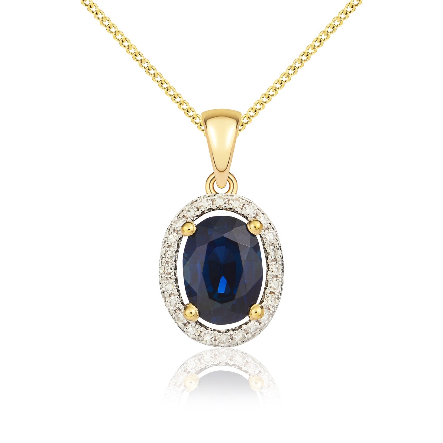 9ct Yellow Gold 7x5mm Oval Sapphire and Diamond Halo Cluster Pendant Rhodium to Diamonds