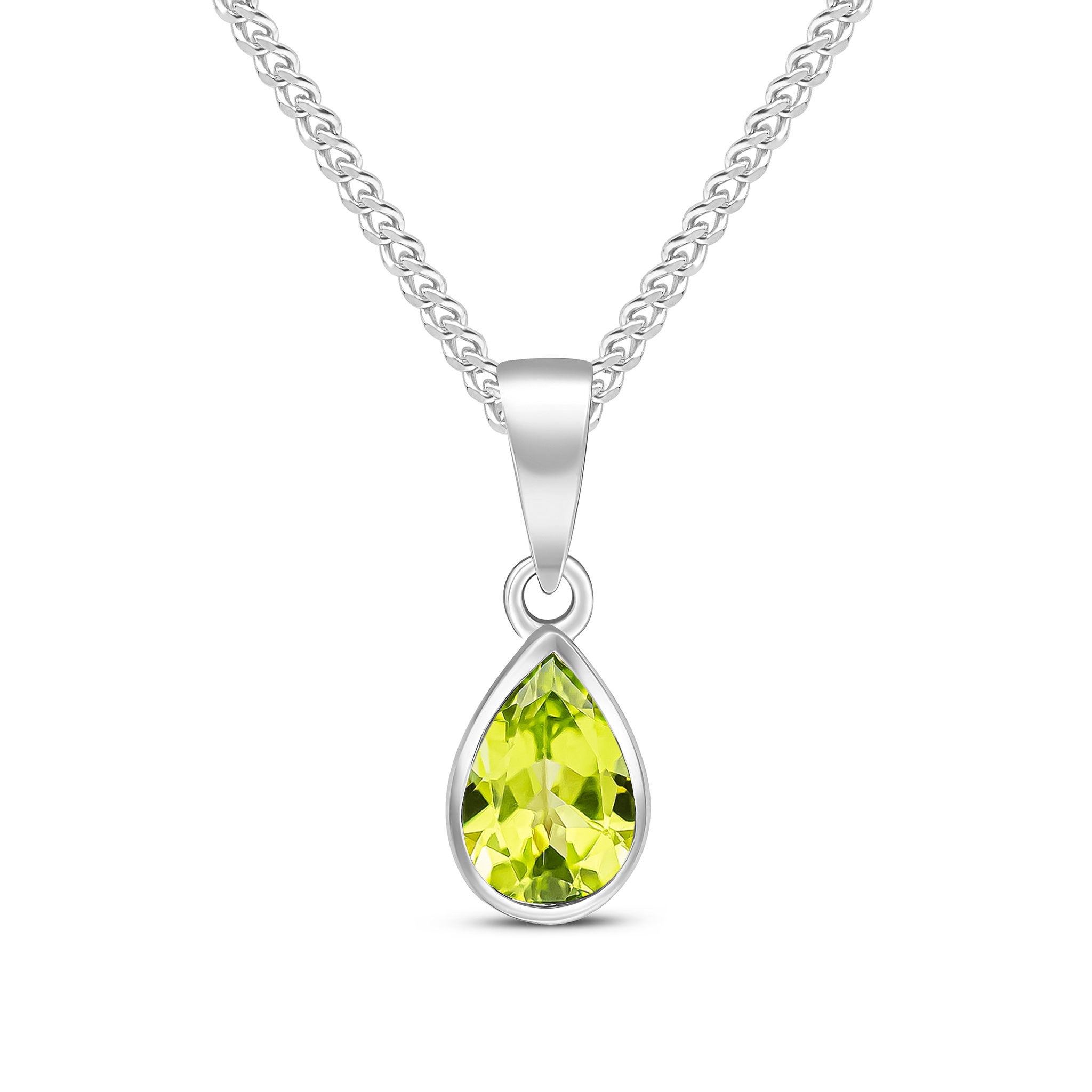 9ct White Gold 7x5 Pear Shape Peridot Rubover Pendant