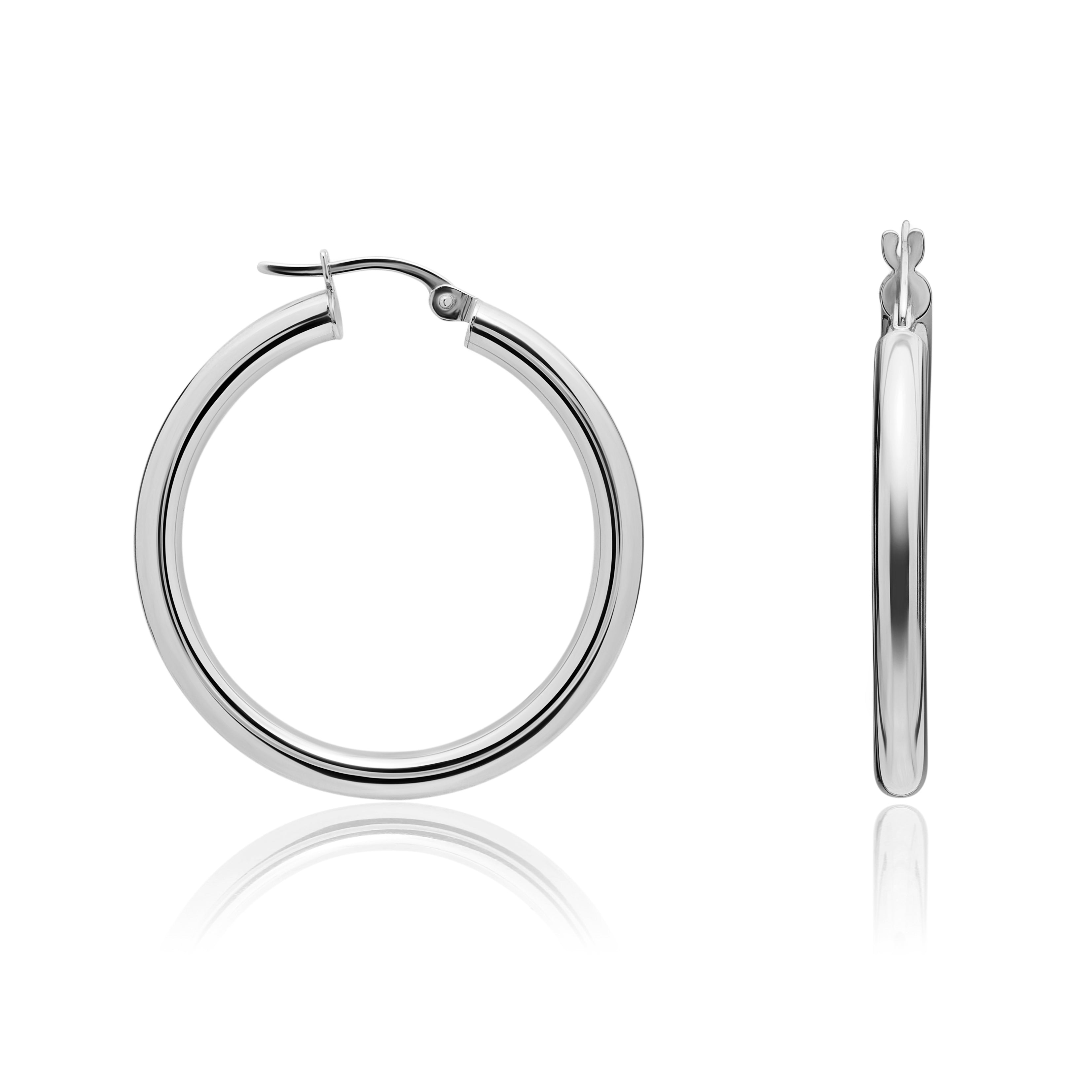 9ct white gold 3mm Tube Polished Hoop Earrings - 31mm Diameter