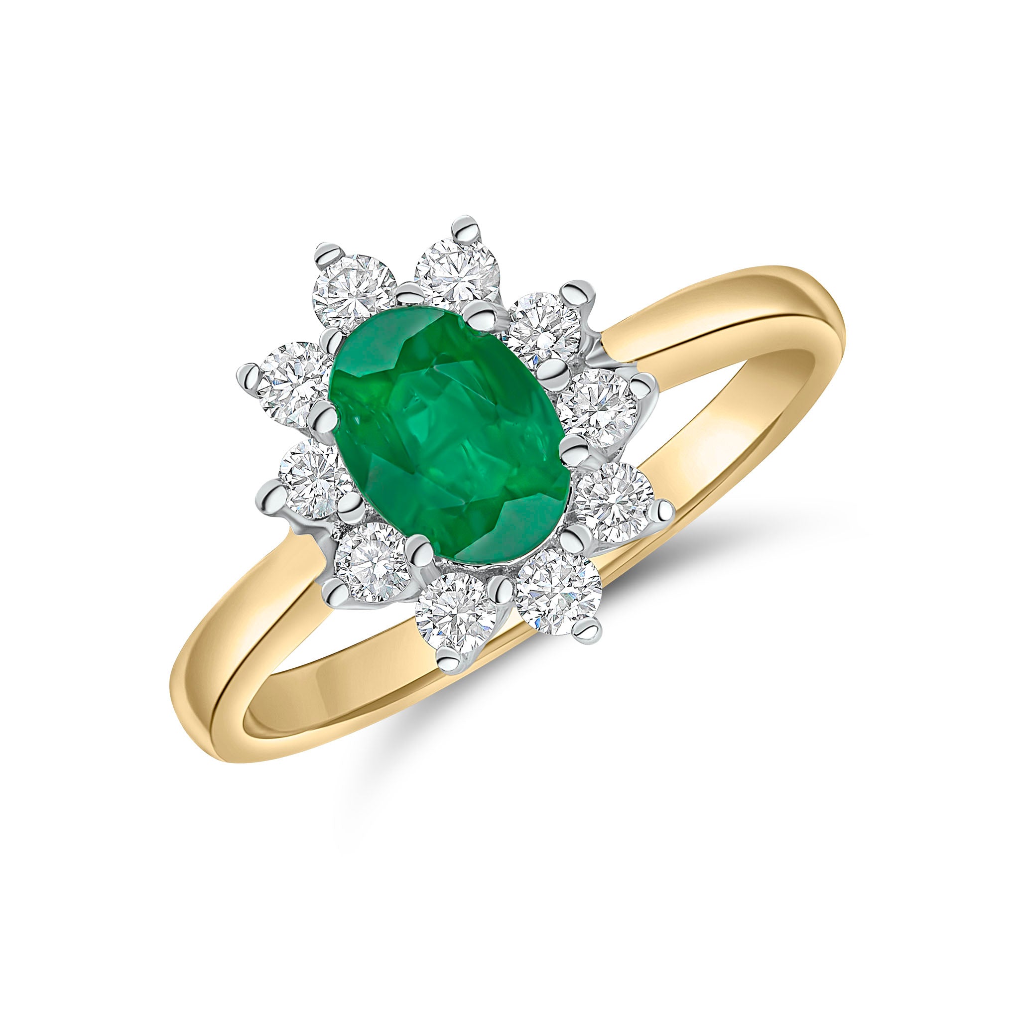 18ct Ywg 7x5 Oval Emerald and Diamond Claw Set Cluster Ring