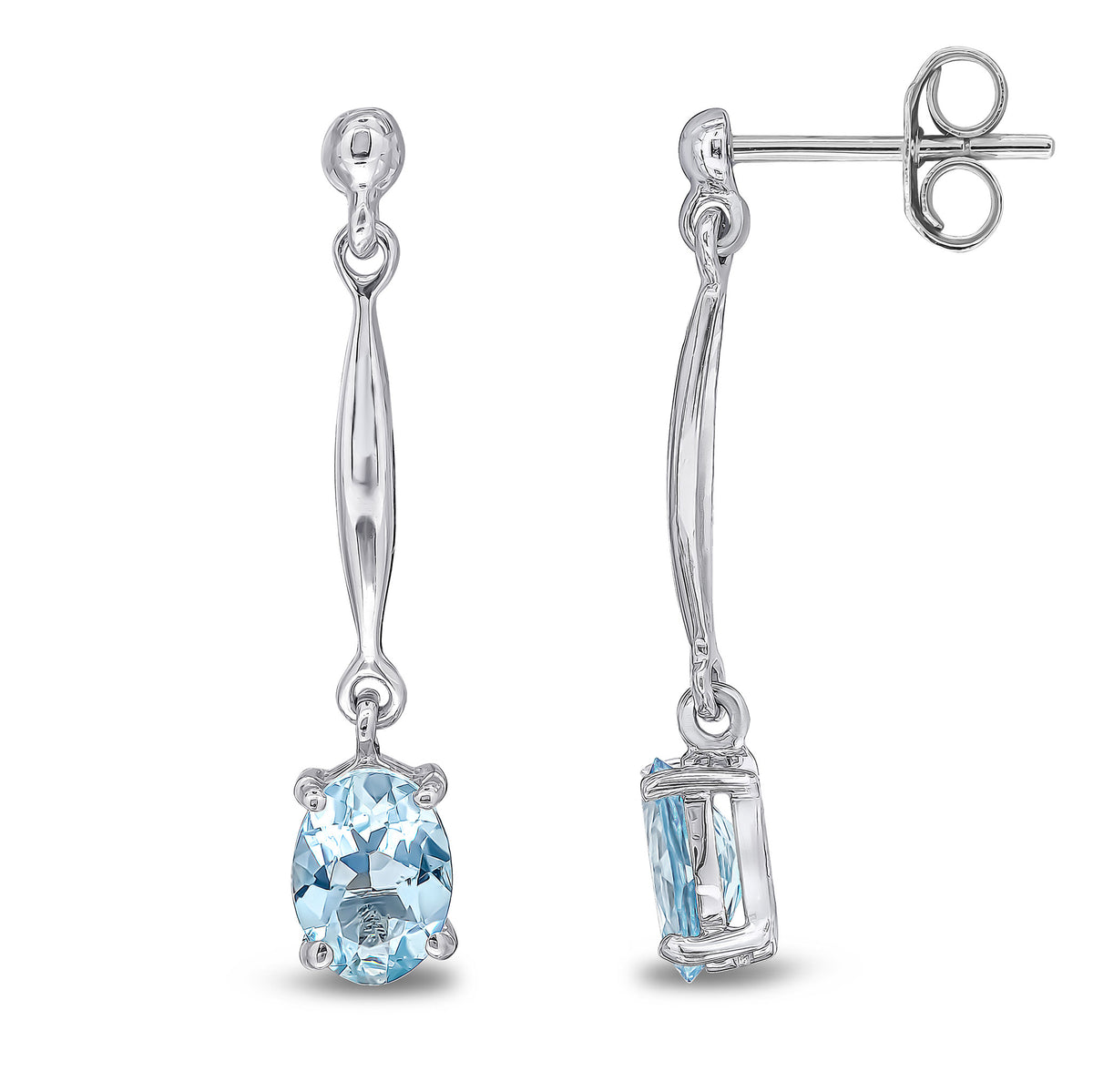 9ct White Gold 7x5mm Oval Aquamarine and Bar Drop Earrings with Bead Top
