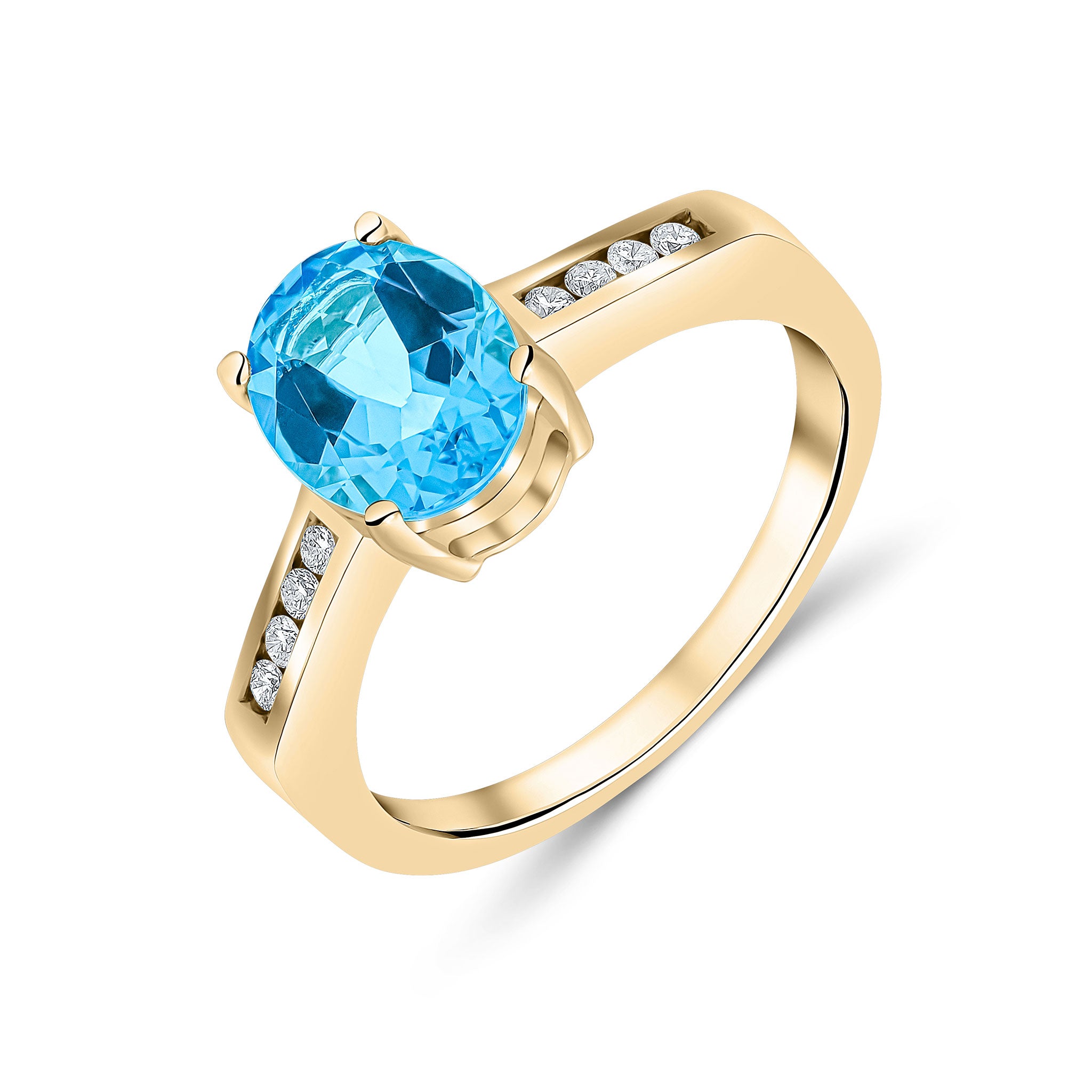 9ct Yellow Gold 9x7mm Claw Set Oval Swiss Blue Topaz Single Stone Ring with Channel Set Diamond Shoulders