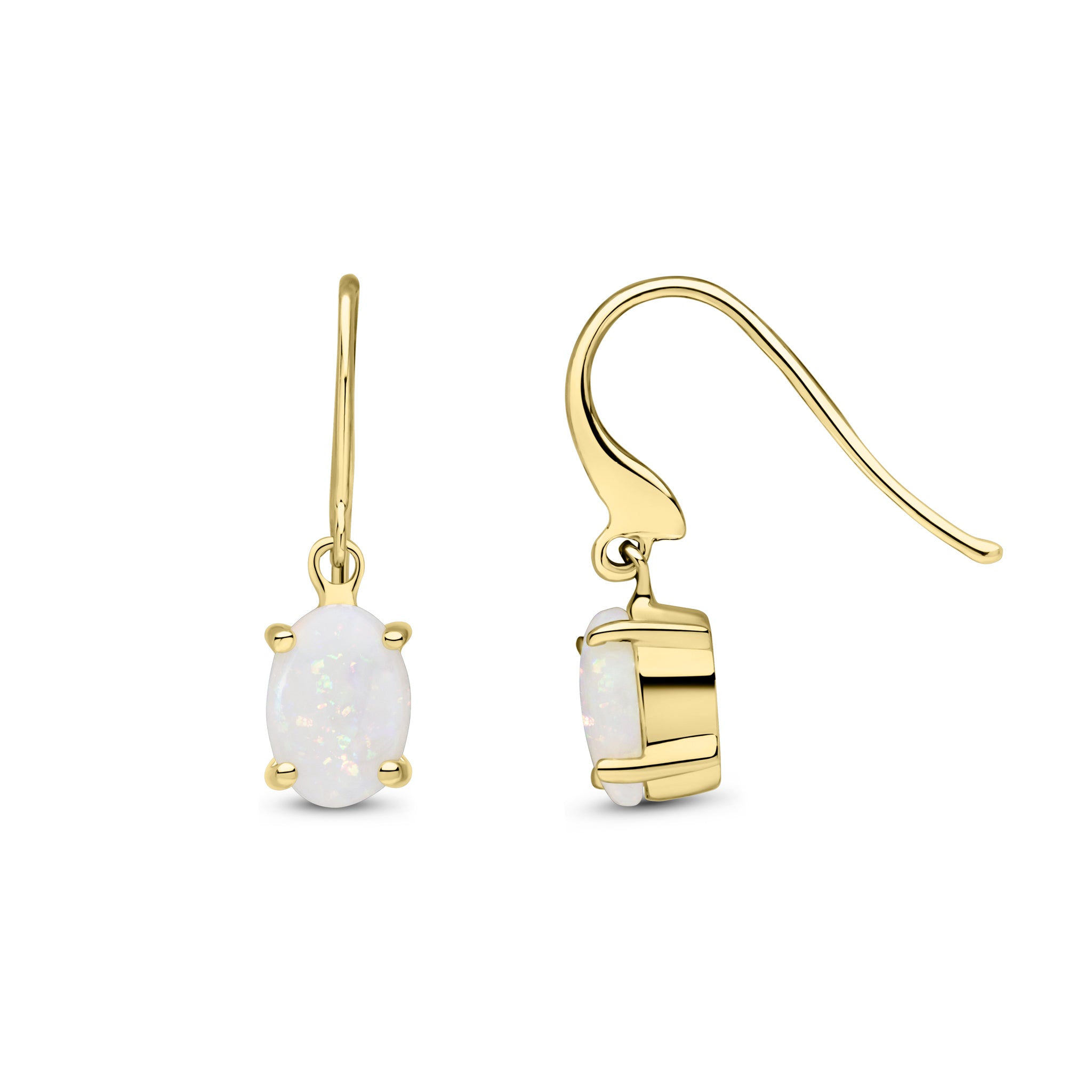 9ct Yellow Gold 7x5 Oval Opal Claw Set Drop Earrings with Hook Wire Fitting