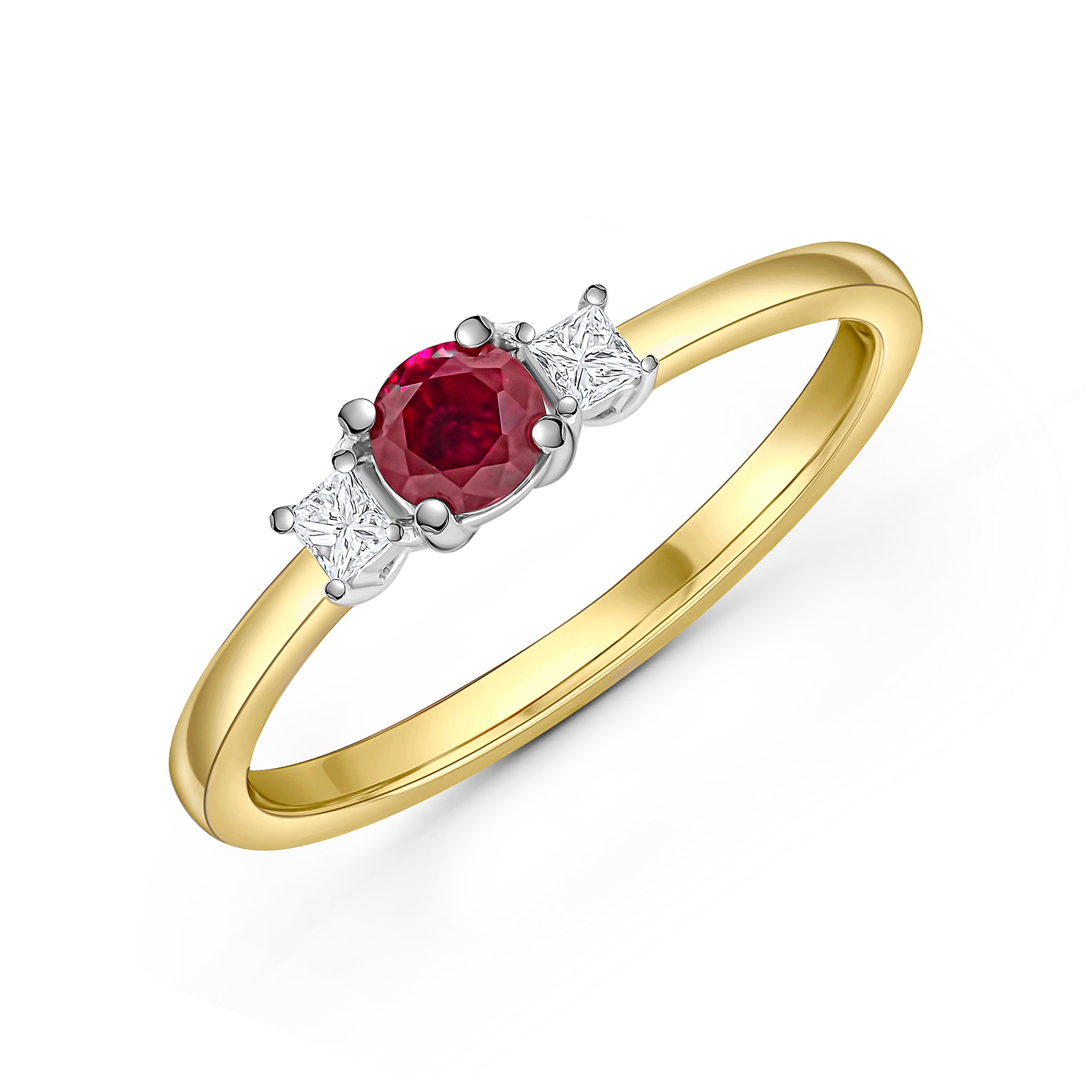 18ct Yellow and White Gold Round Ruby and Princess Cut Diamond Claw Set 3 Stone Ring
