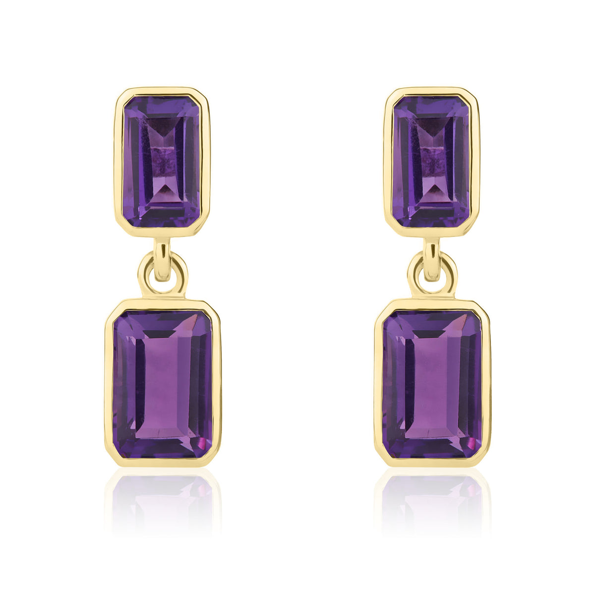 9ct Yellow Gold Octagon Amethyst 2 Stone Rubover Drop Earrings