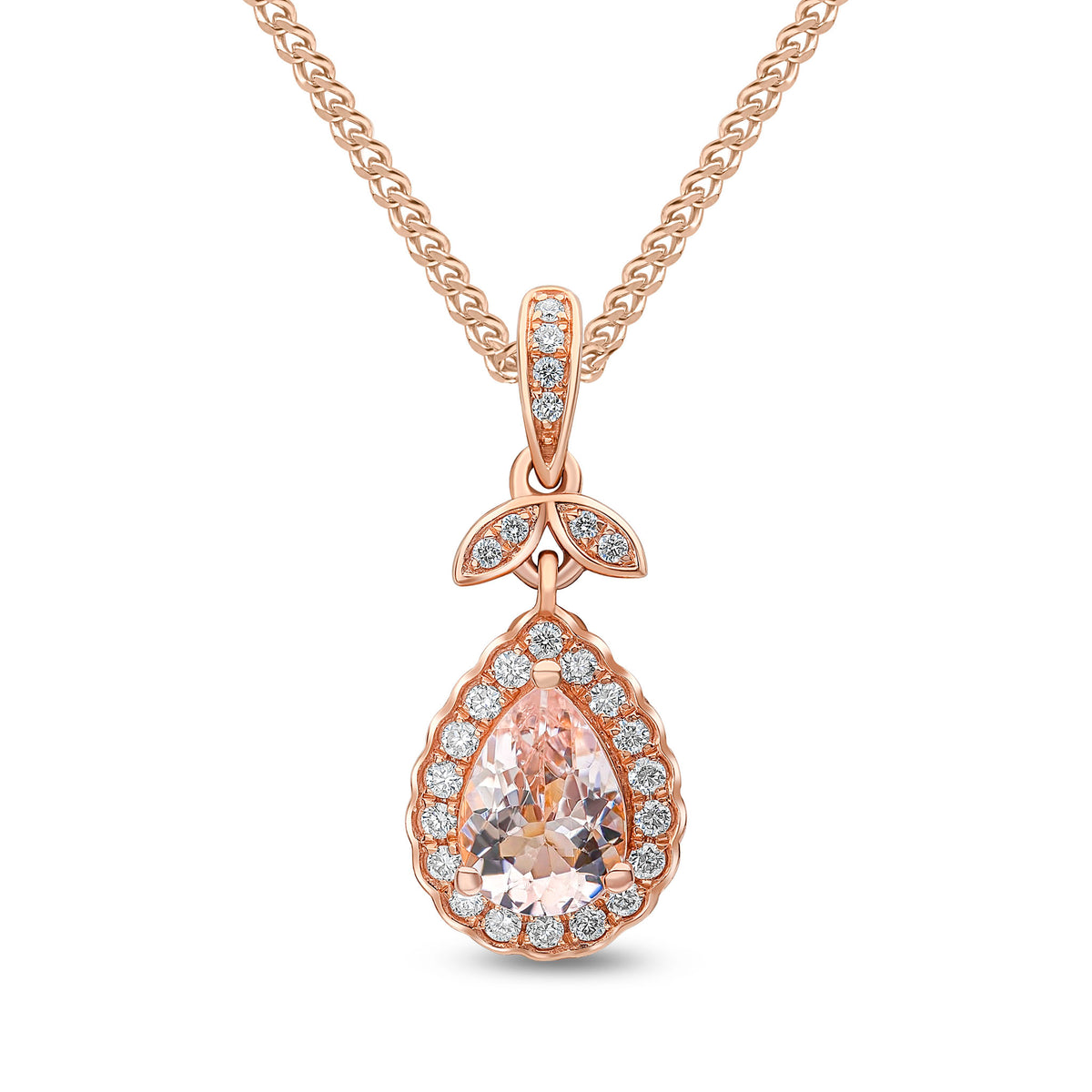18ct Rose Gold Pear Shape Morganite & Diamond Cluster Pendant with Diamond Set Fancy Loop