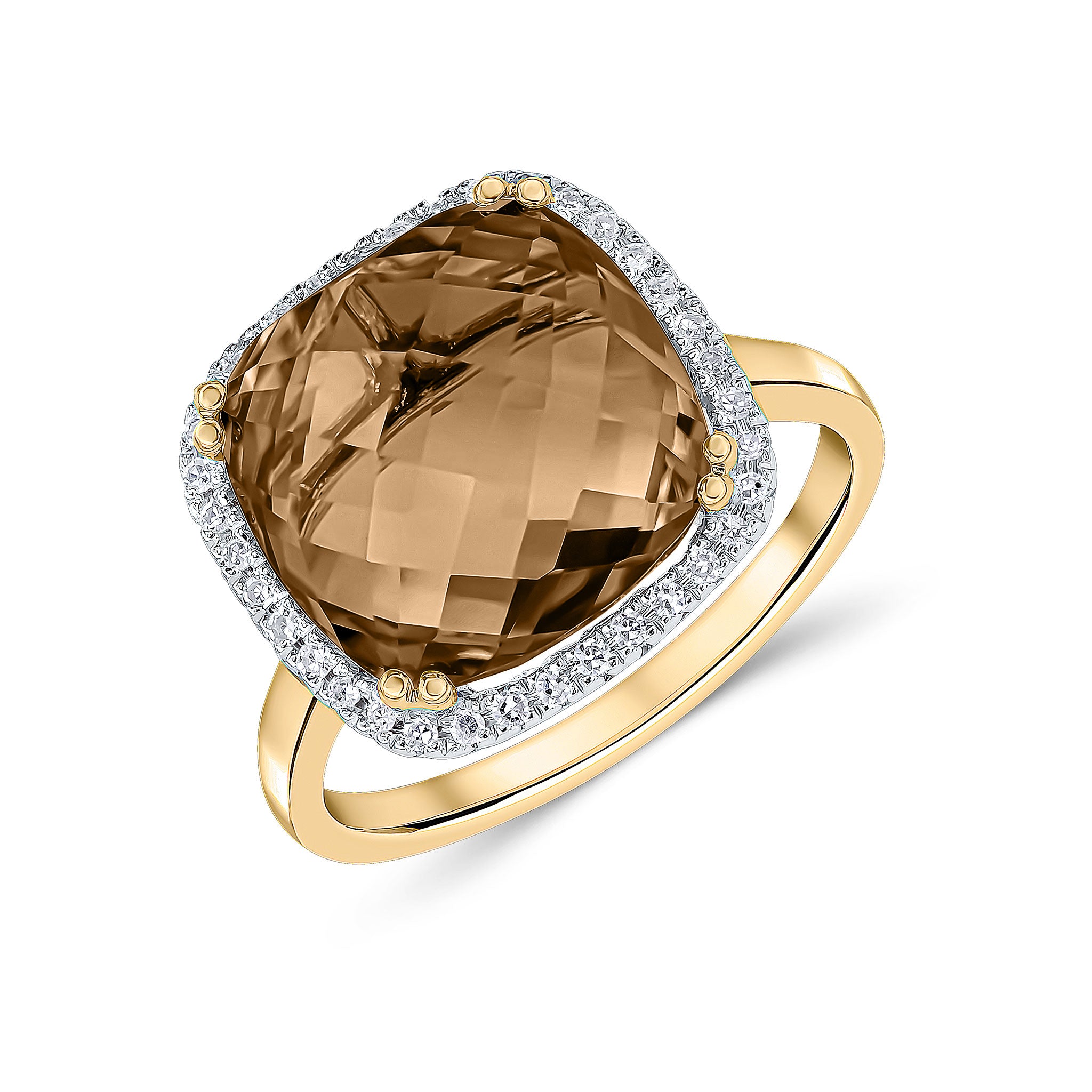 9ct Yellow Gold 12mm Checkerboard Cut Cushion Smoky Quartz & Round Diamond Claw Set Cluster Ring