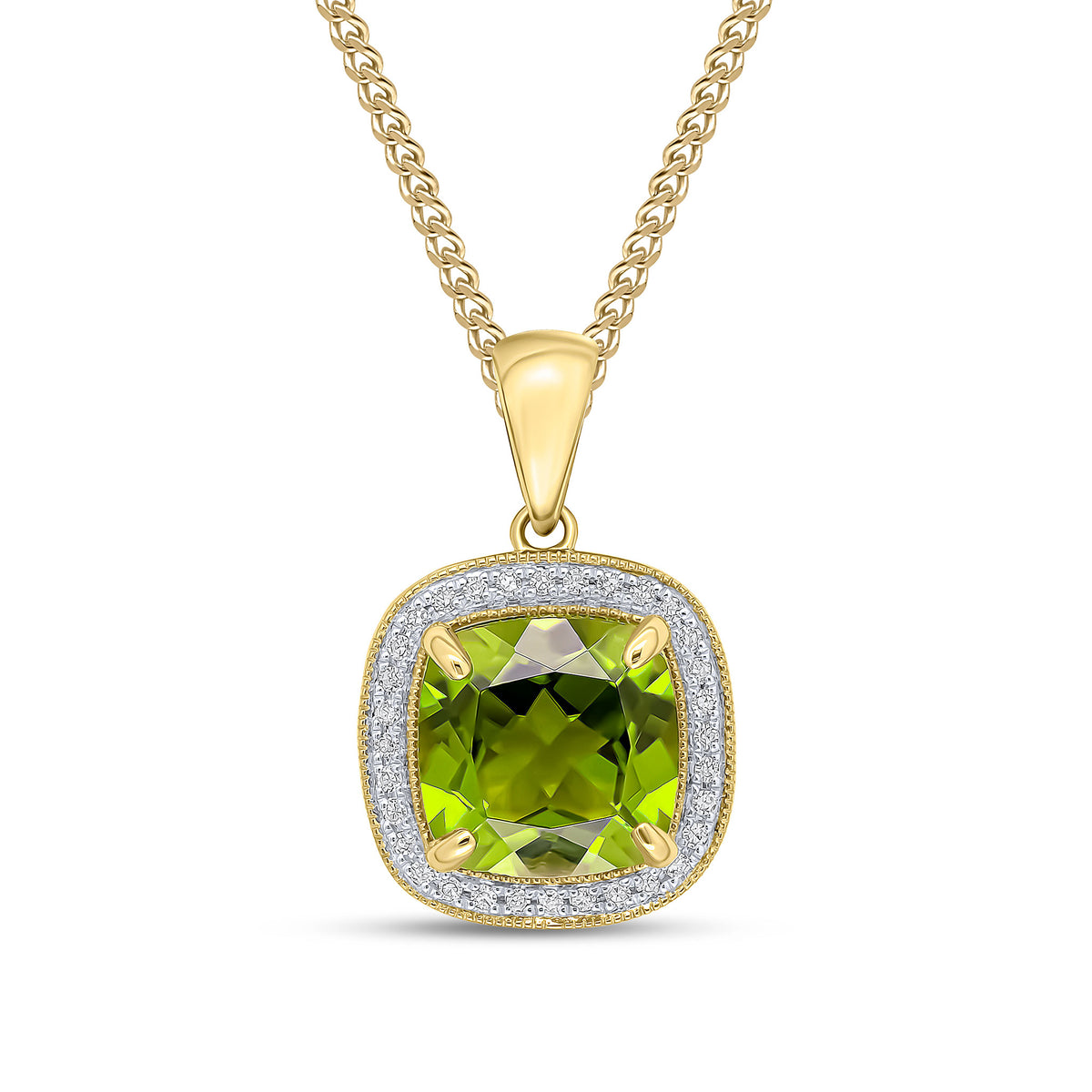 9ct Yellow Gold 9mm Cushion Peridot & Diamond Cluster Pendant Milgrain Edge