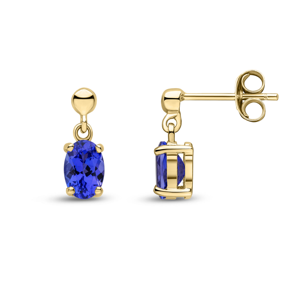 9ct Yellow Gold 6x4 Oval Tanzanite Claw Set Drop Earrings with Bead Top