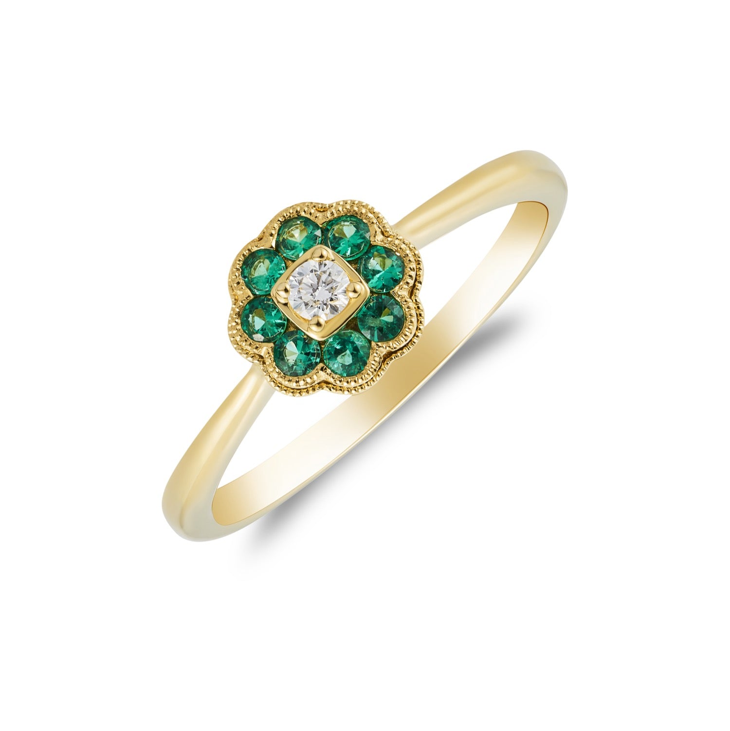 18ct Yellow Gold Round Emerald & Diamond Milgrain Edge Cluster Ring