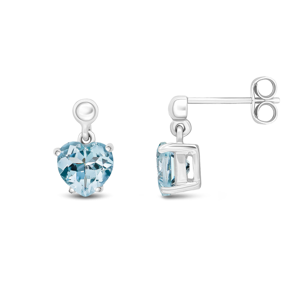 9ct White Gold 6mm Heart-Shape Aquamarine Claw Set Drop Earrings with 3mm Bead Top