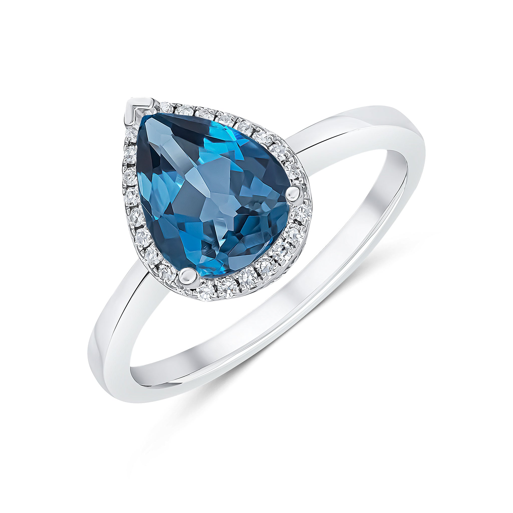 9ct White Gold 9x7 Pear Shape London Blue Topaz & Diamond Claw Set Cluster Ring