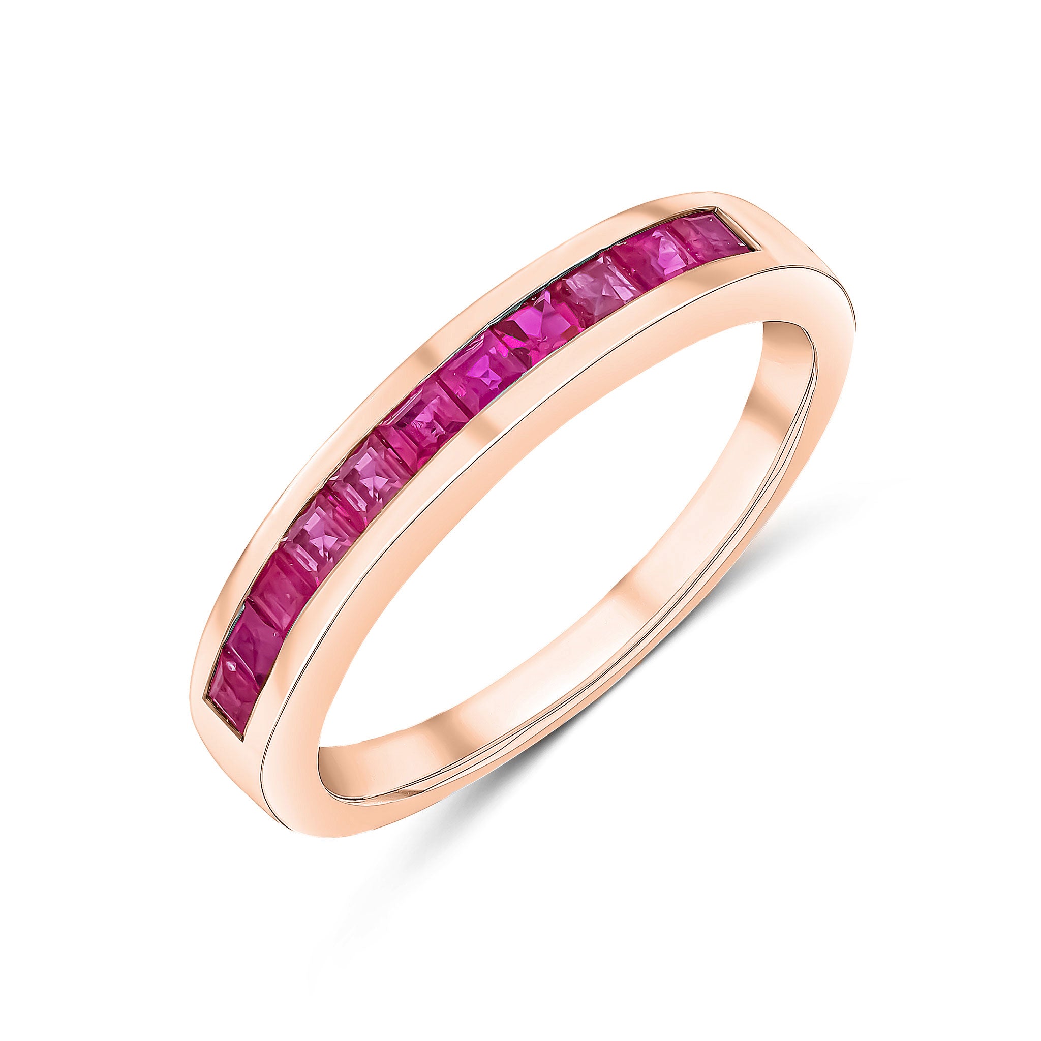 9ct Rose Gold Square Ruby 11 Stone Channel Set Half Eternity Ring