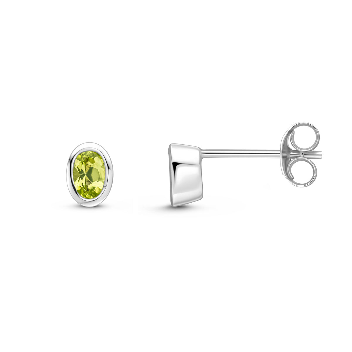 9ct White Gold 4x3 Oval Peridot Rubover Set Earrings