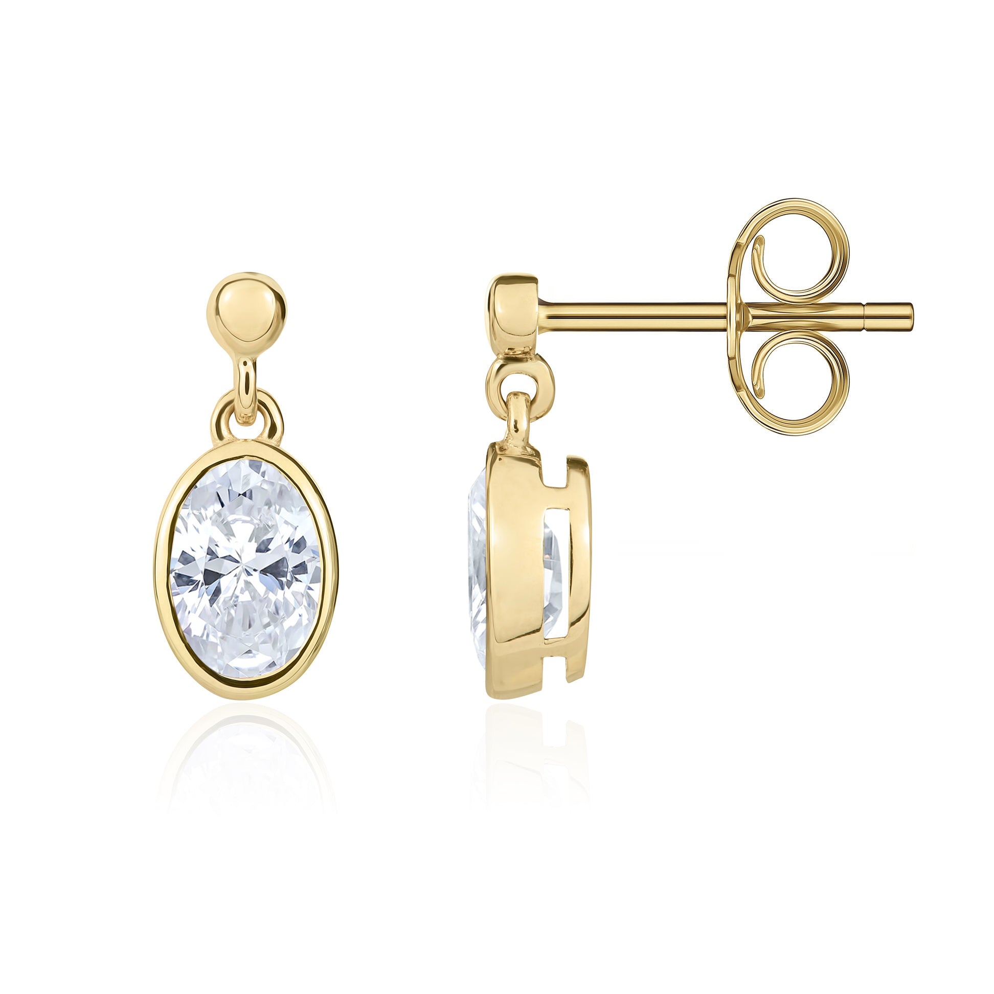 9ct Yellow Gold 6x4 Oval CZ Rubover Drop Earrings with 2.5mm Bead Top