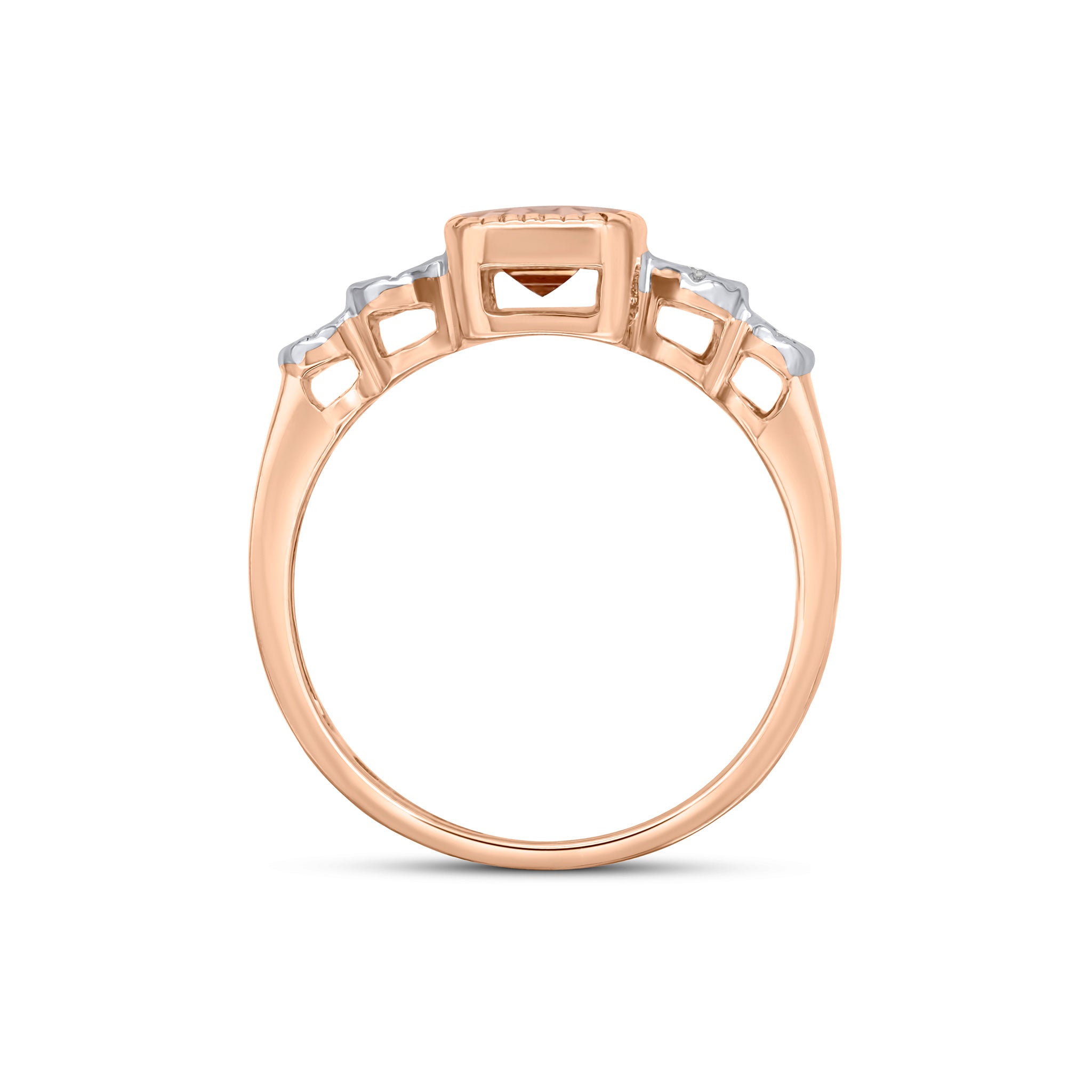 9CT ROSE GOLD MILLEGRAIN OCTAGON MORGANITE AND ILLUSION DIAMOND 4ST SHOULDERS RING 1