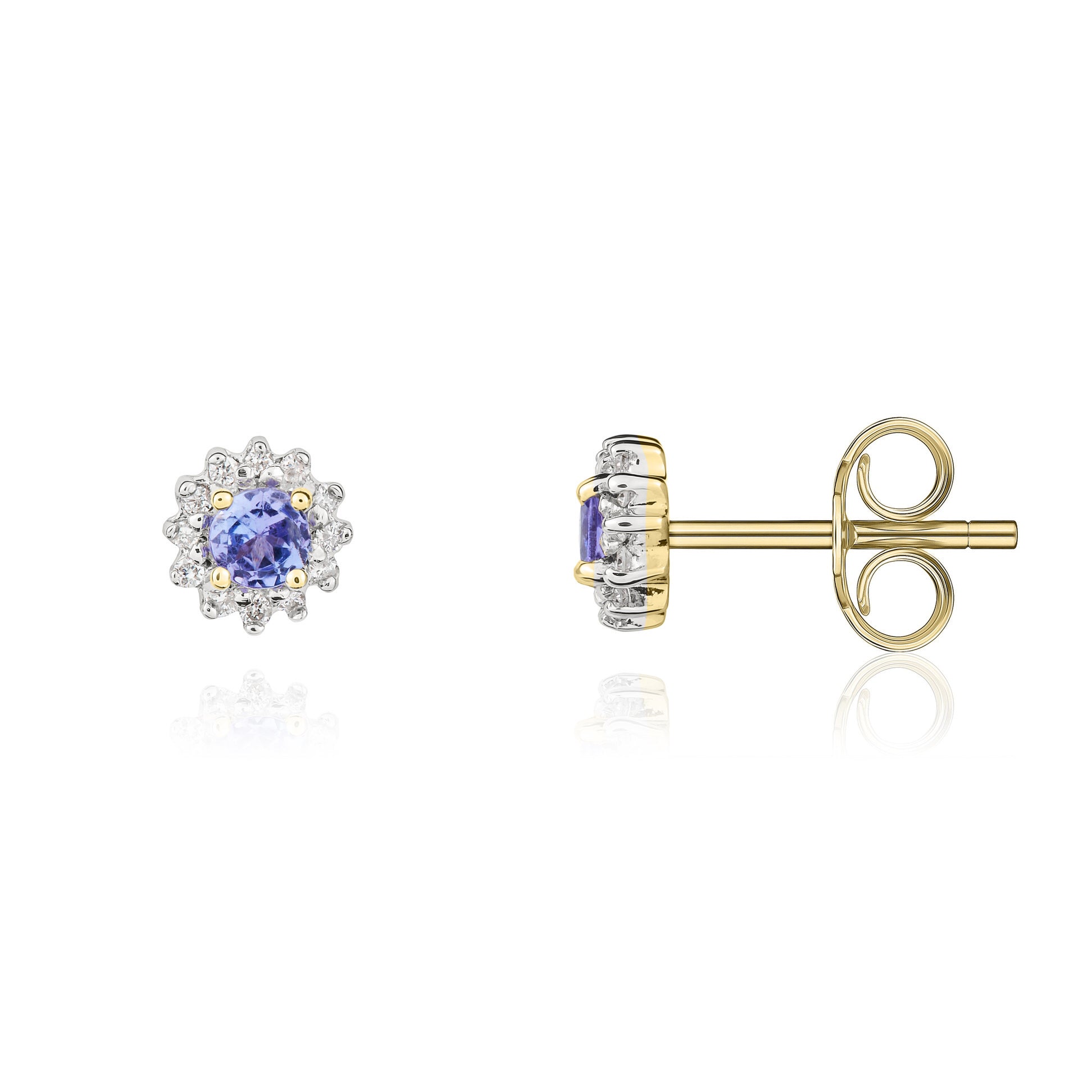 9ct Yellow Gold 3mm Round Tanzanite and Diamond Claw Cluster Earrings Rhodium to Diamonds