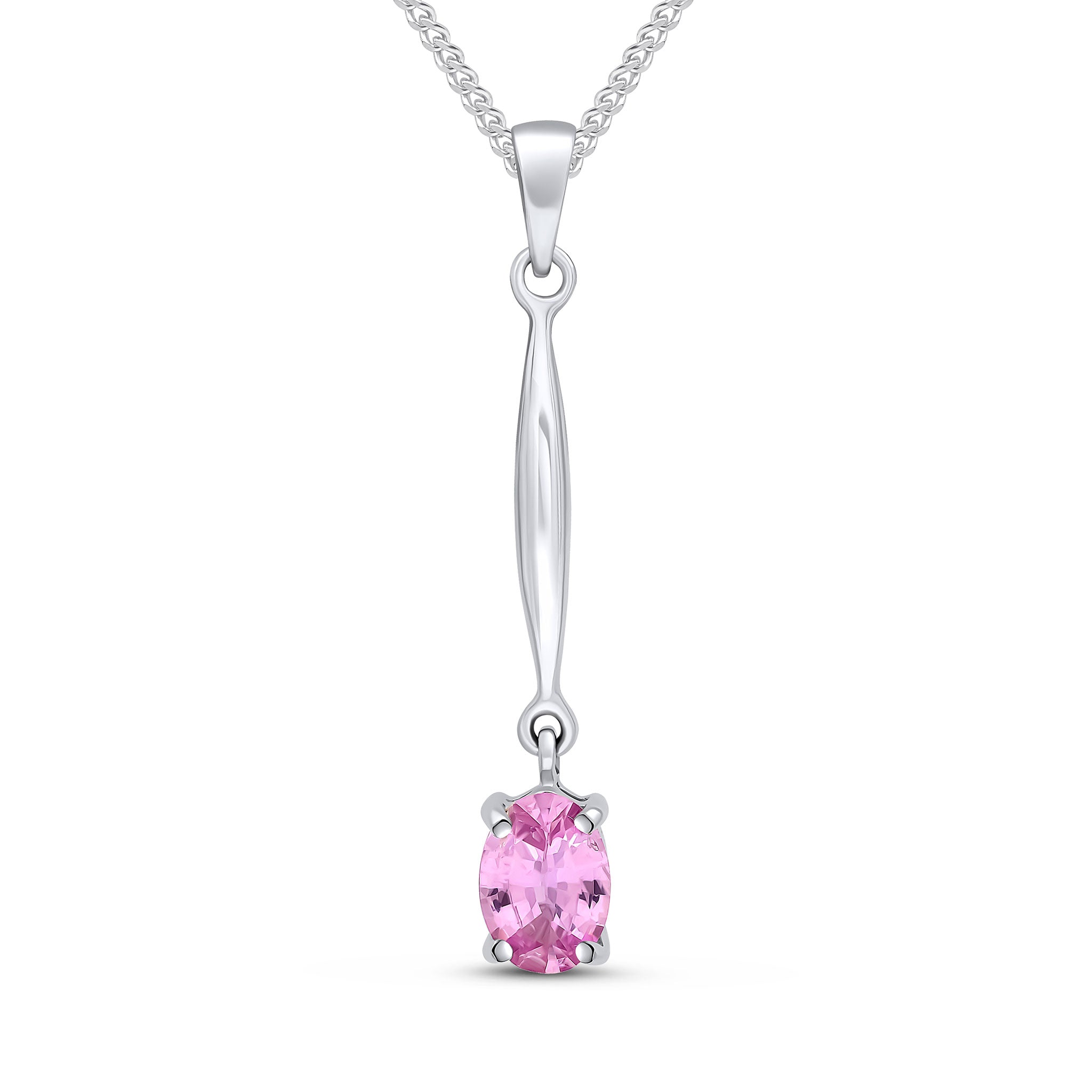 9ct White Gold 7x5 Oval Claw Pink Sapphire and Bar Pendant