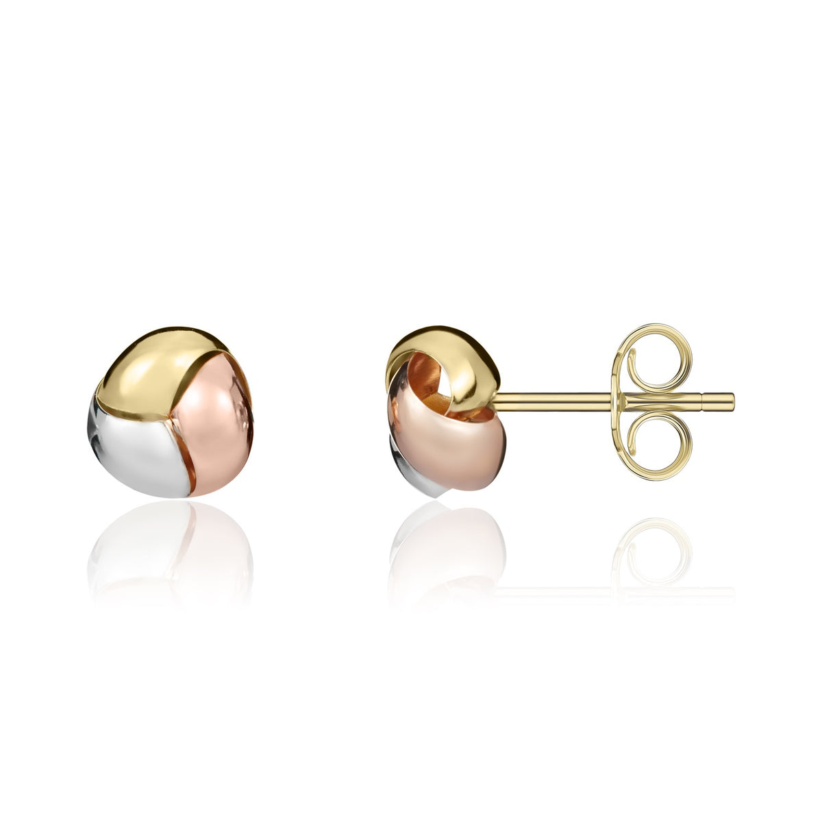 9ct Three Tone White Yellow Rose Gold Knot Stud Earrings