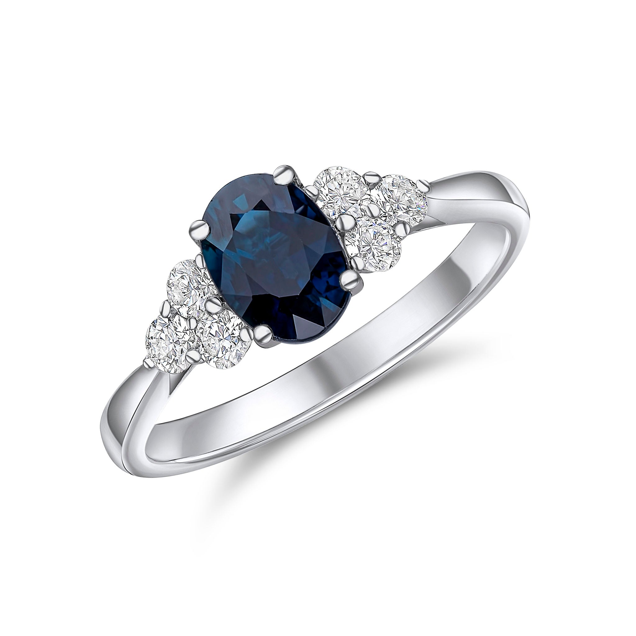 18ct White Gold 7x5 Oval Sapphire & Diamond Trefoil Shoulders Ring