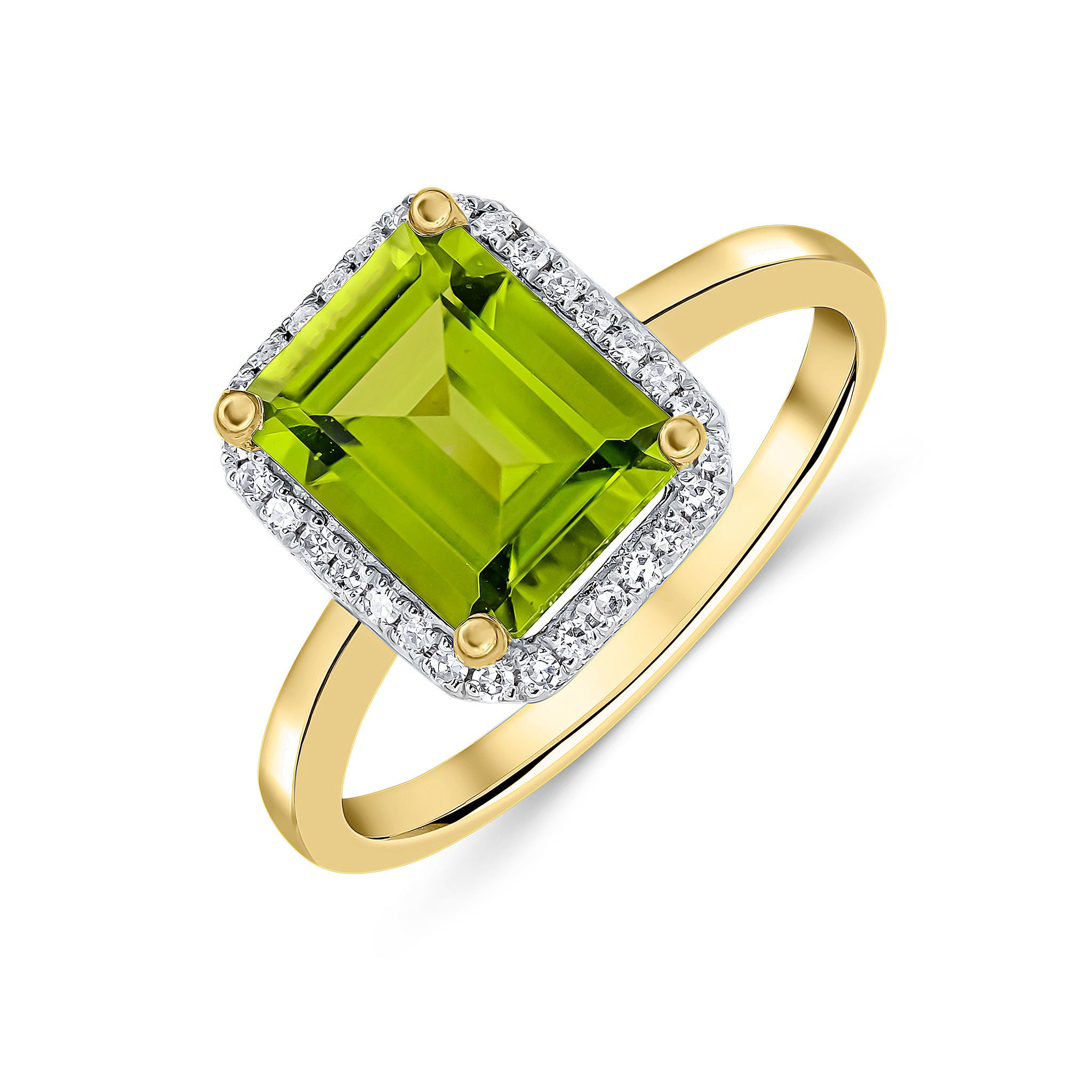 9ct Yellow Gold 9x7 Octagon Peridot & Diamond Claw Set Cluster Ring Rhodium to Diamonds