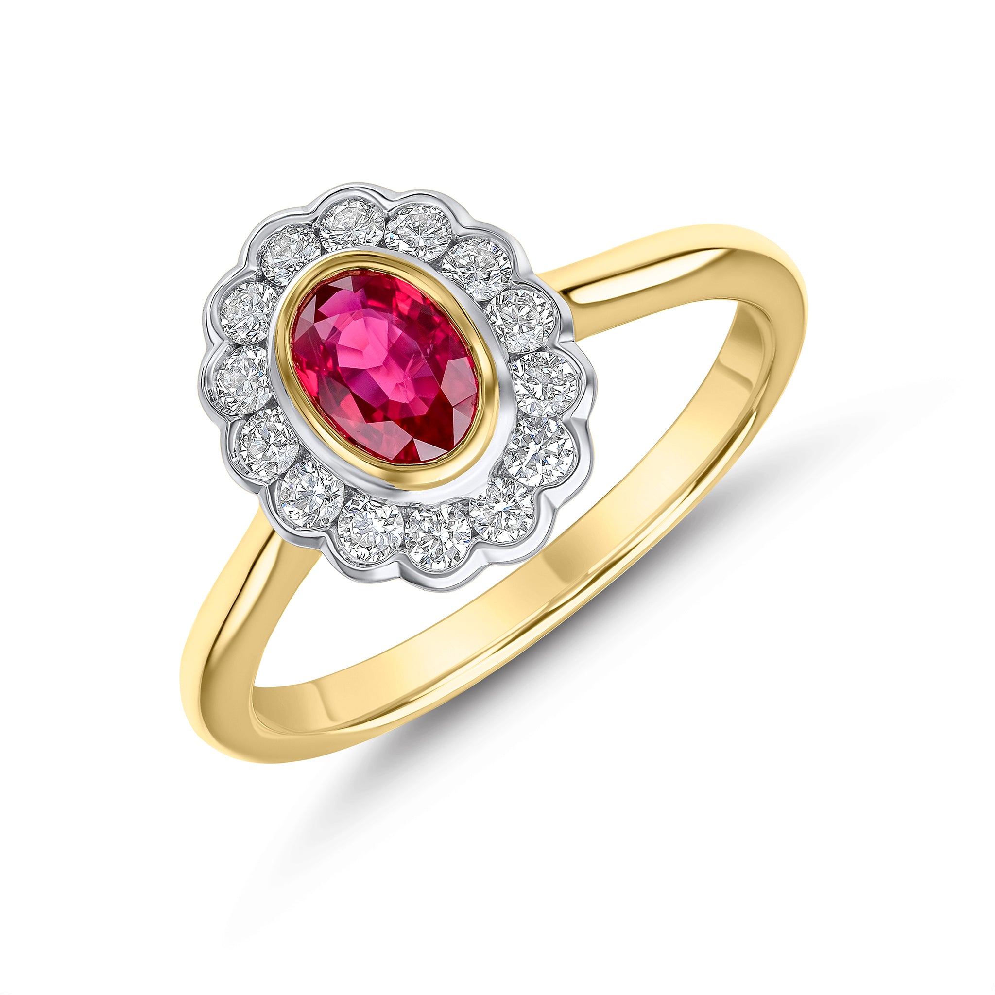 18ct Ywg Oval Ruby and Round Diamond Rubover Cluster Ring
