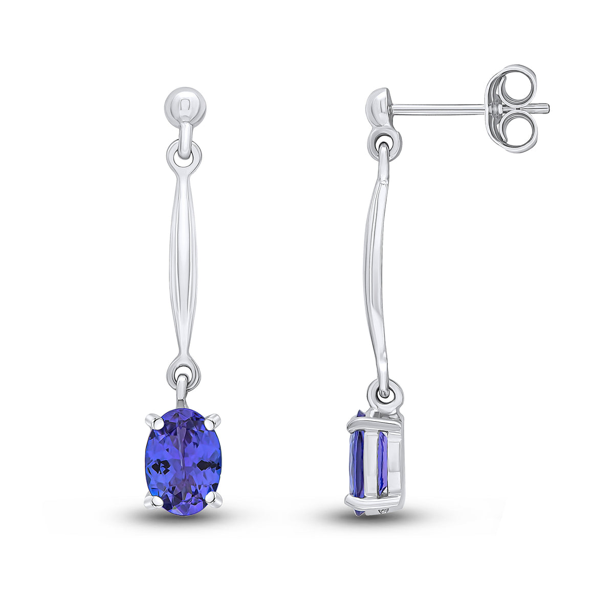 9ct White Gold 7x5mm Oval Tanzanite and Bar Drop Earrings with Bead Top