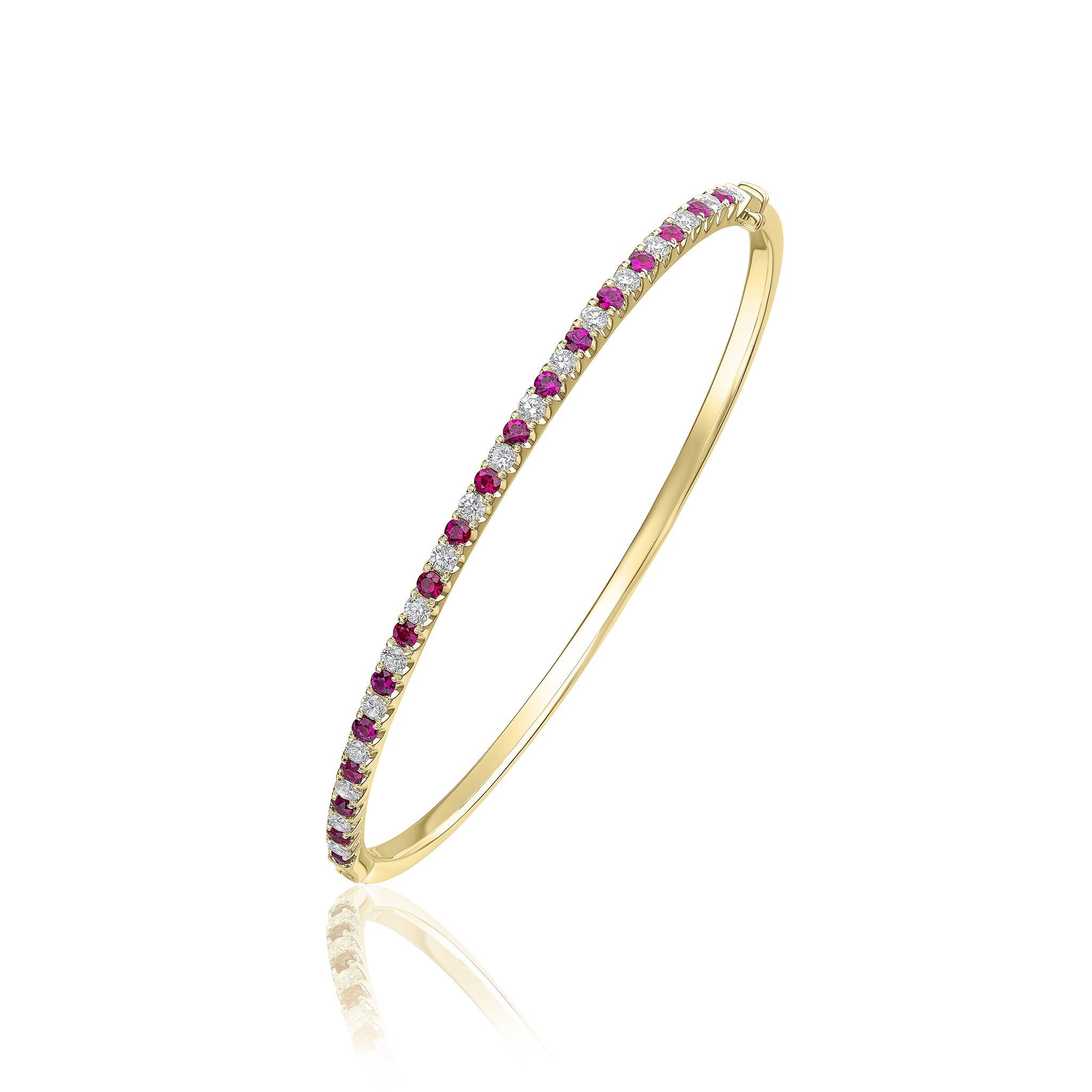 18ct Yellow Gold Round Ruby & Diamond Claw Set Hinged Bangle