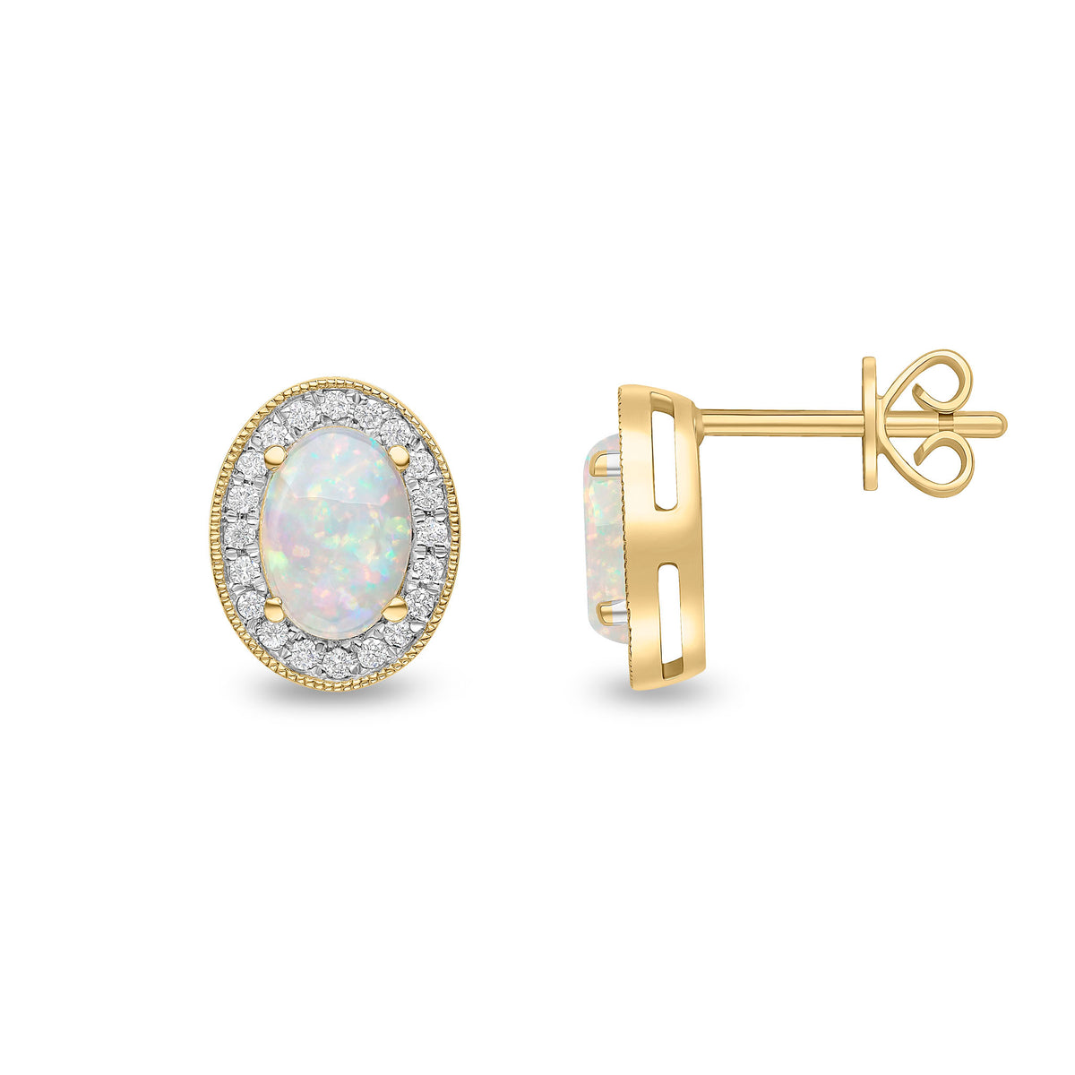 18ct Yellow Gold Claw Set 7x5 Oval Opal and Round Diamond Cluster Earrings Milgrain Edge