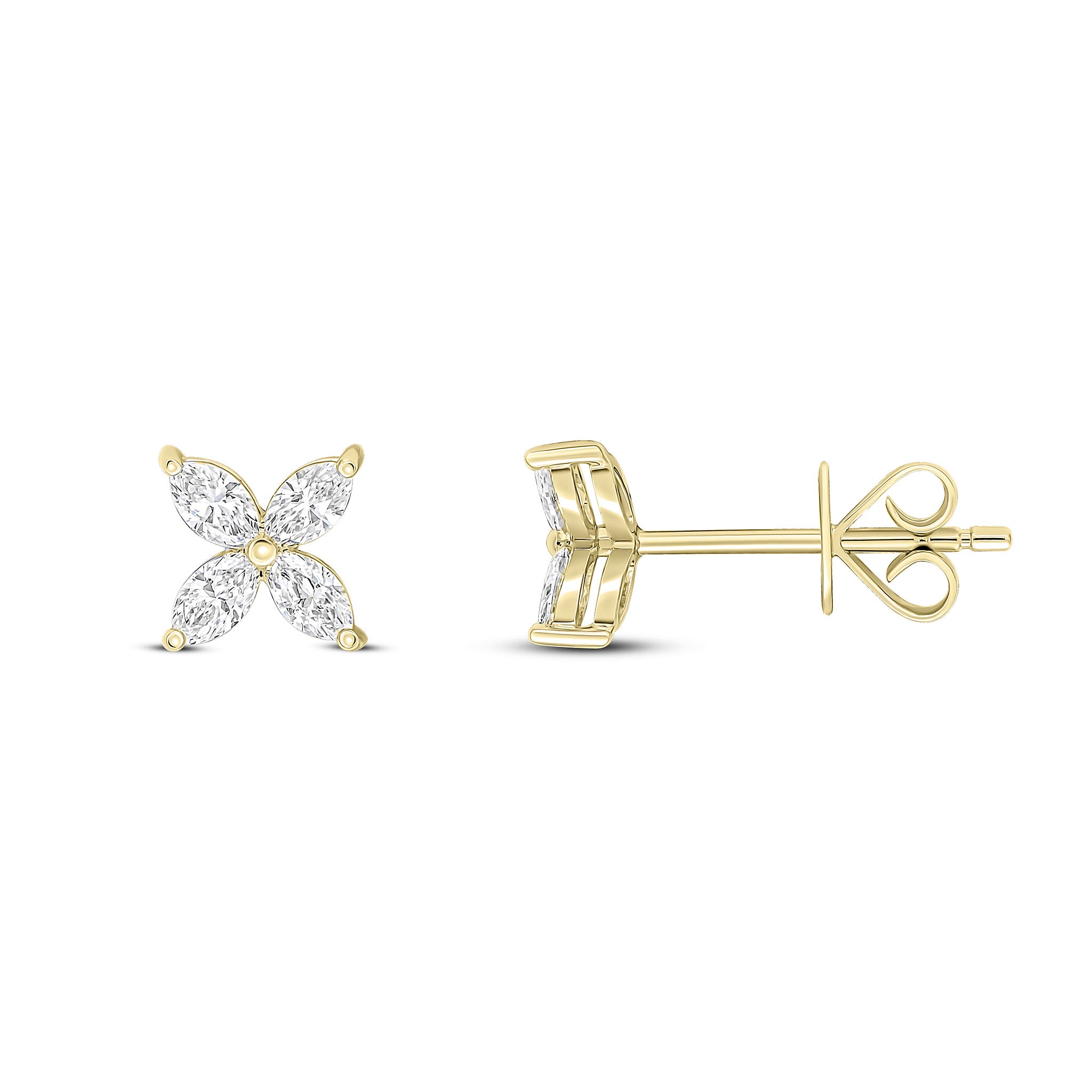 18ct Yellow Gold Marquise Diamond 4 Stone Flower Claw Set Earrings