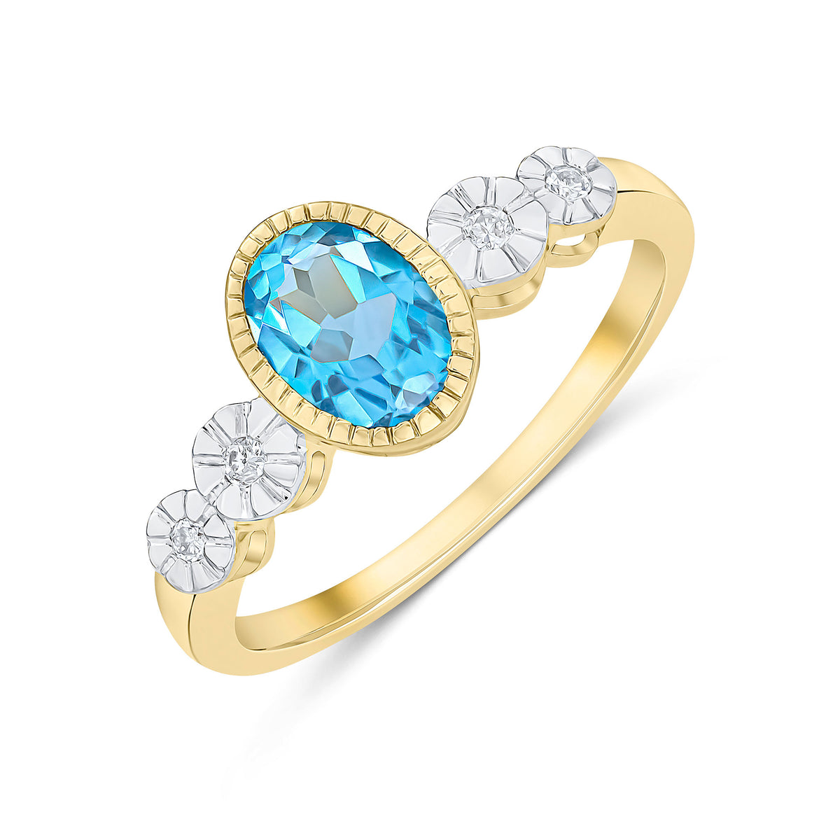 9ct Yellow Gold Milgrain Oval Swiss Blue Topaz and Illusion Diamond 4 Stone Shoulders Ring
