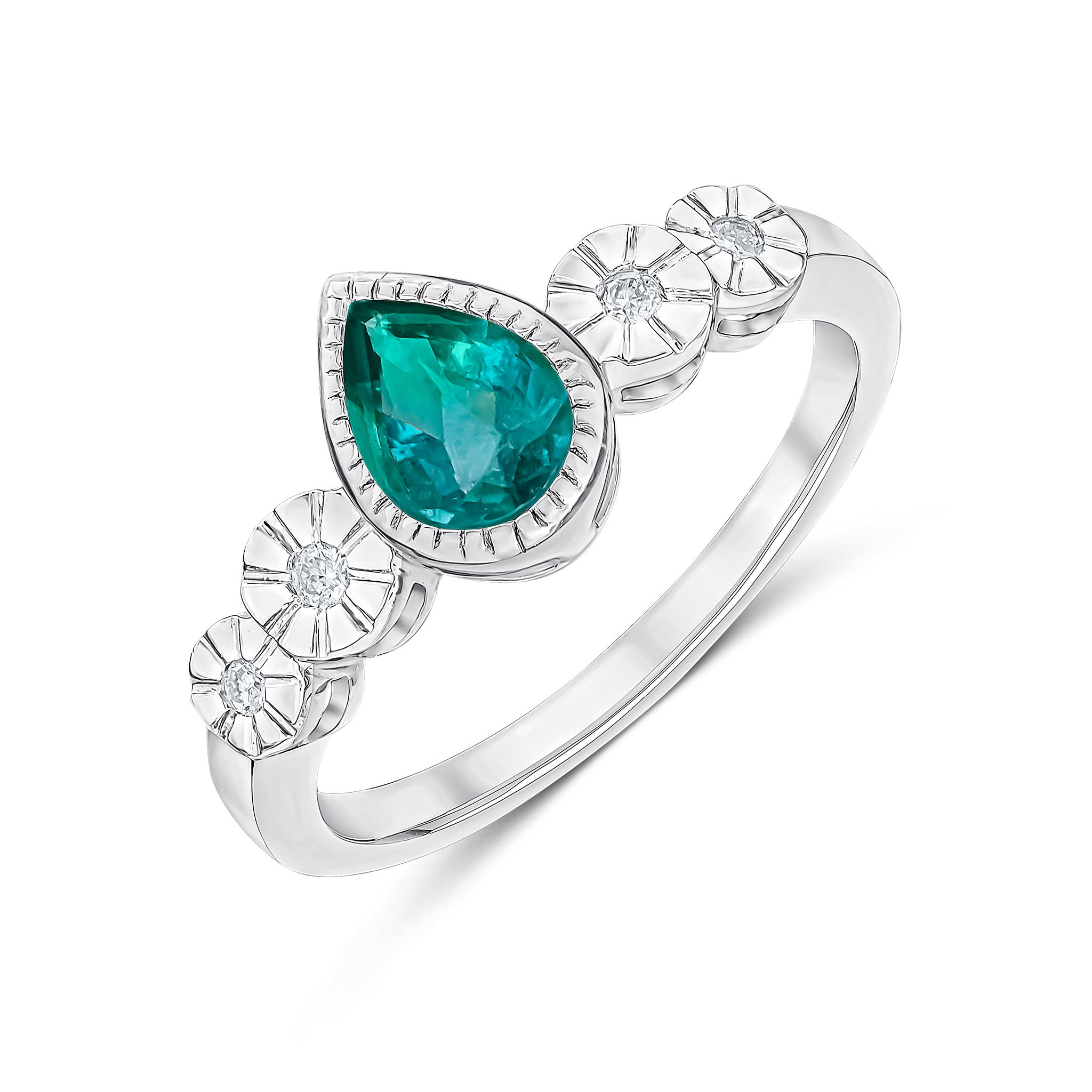 9ct White Gold Millegrain Pearshape Emerald and Illusion Diamond 4st Shoulders