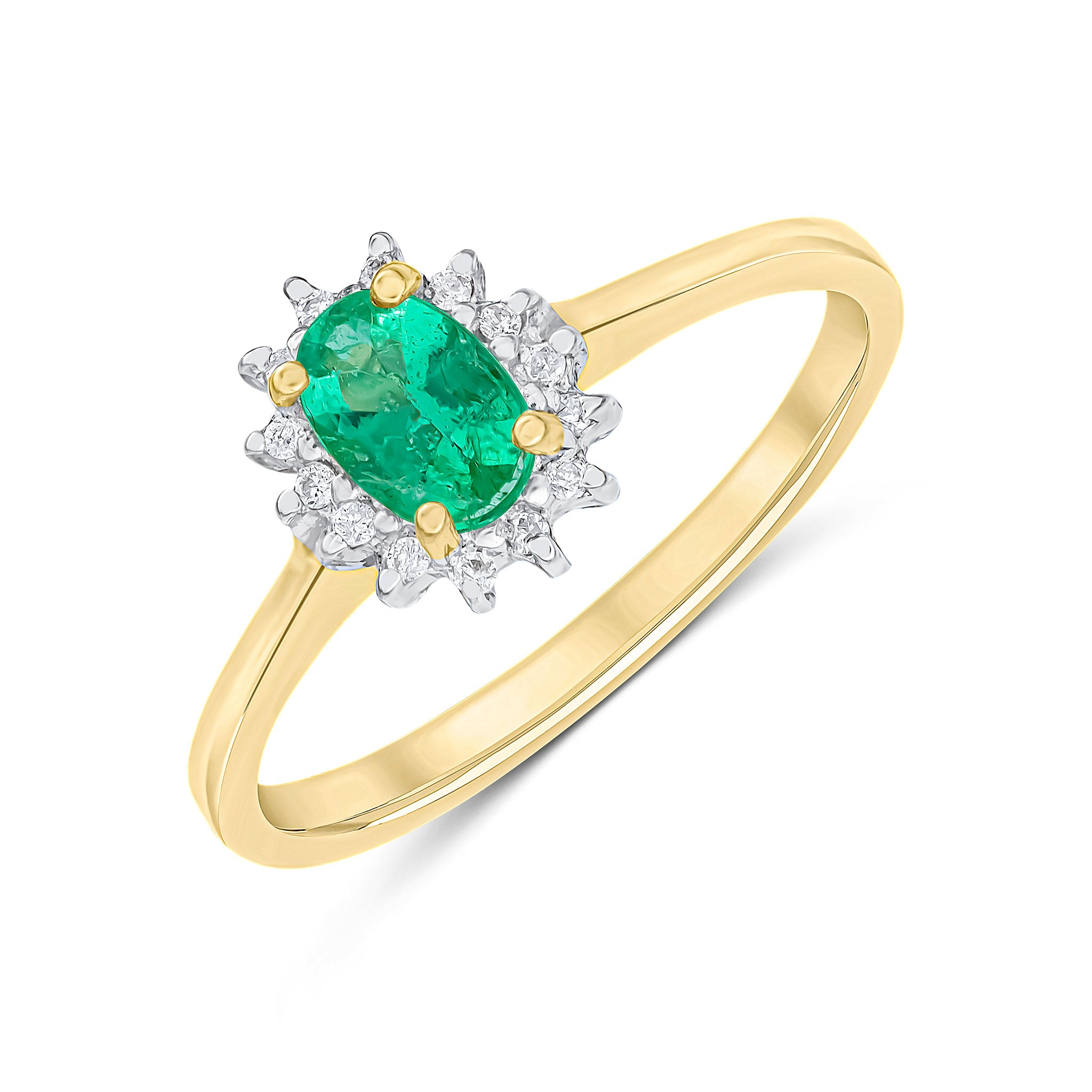 9CT YG 6X4 OVAL EMERALD AND ROUND DIAMOND CLAW SET CLUSTER RING. RHODIUM TO DIAMONDS 1