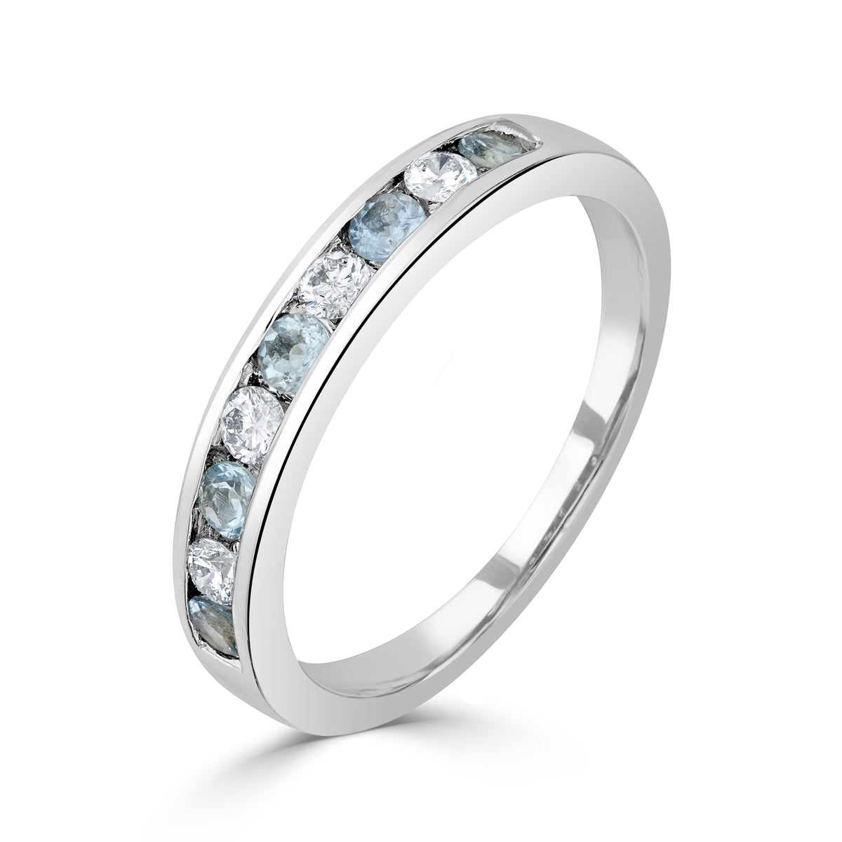 9ct White Gold Round Aquamarine and Diamond 9 Stone Channel Set Half Eternity Ring