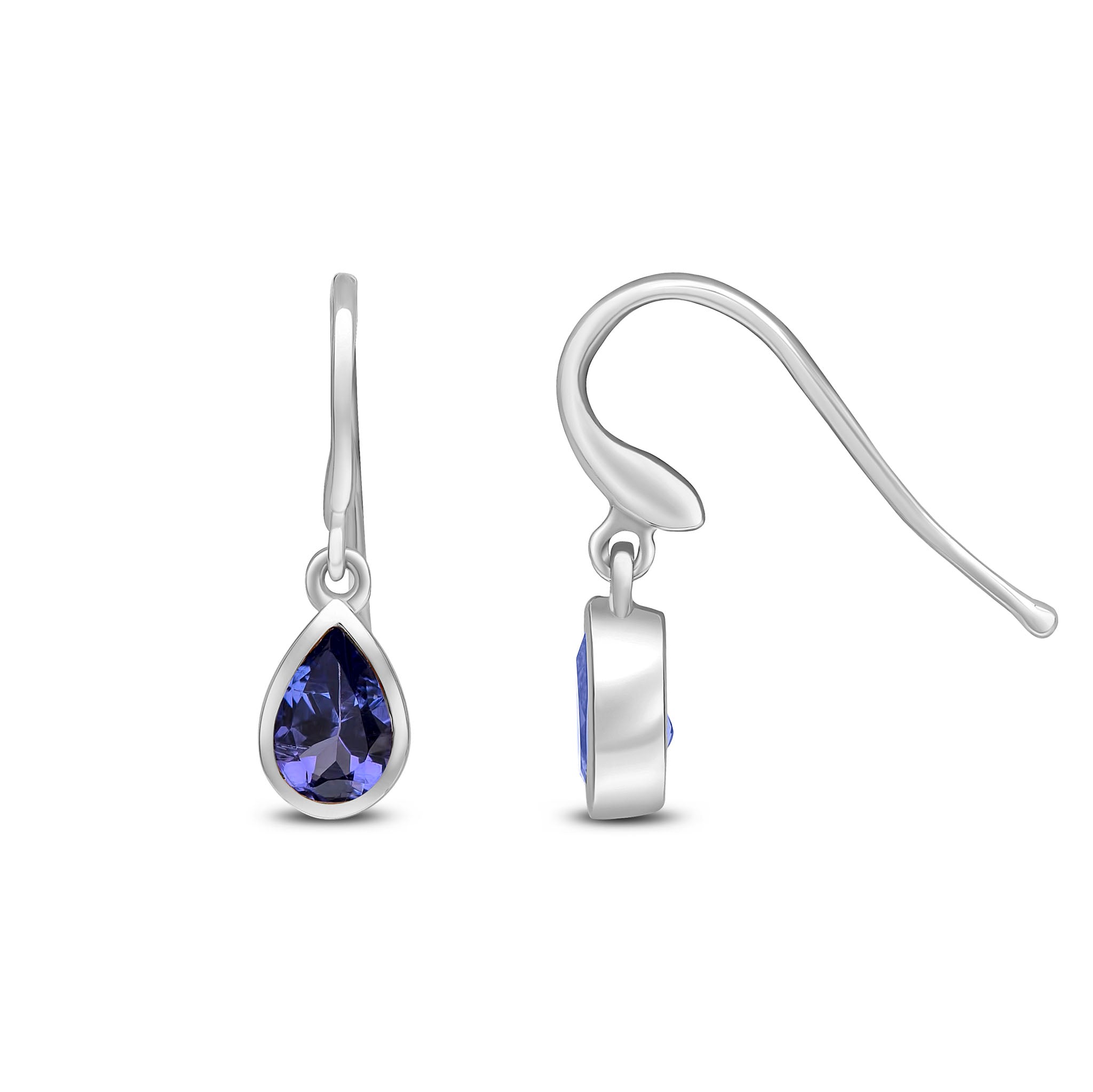 9ct White Gold 6x4 Pear Shape Tanzanite Rubover Drop Earrings Hook Wire Fitting