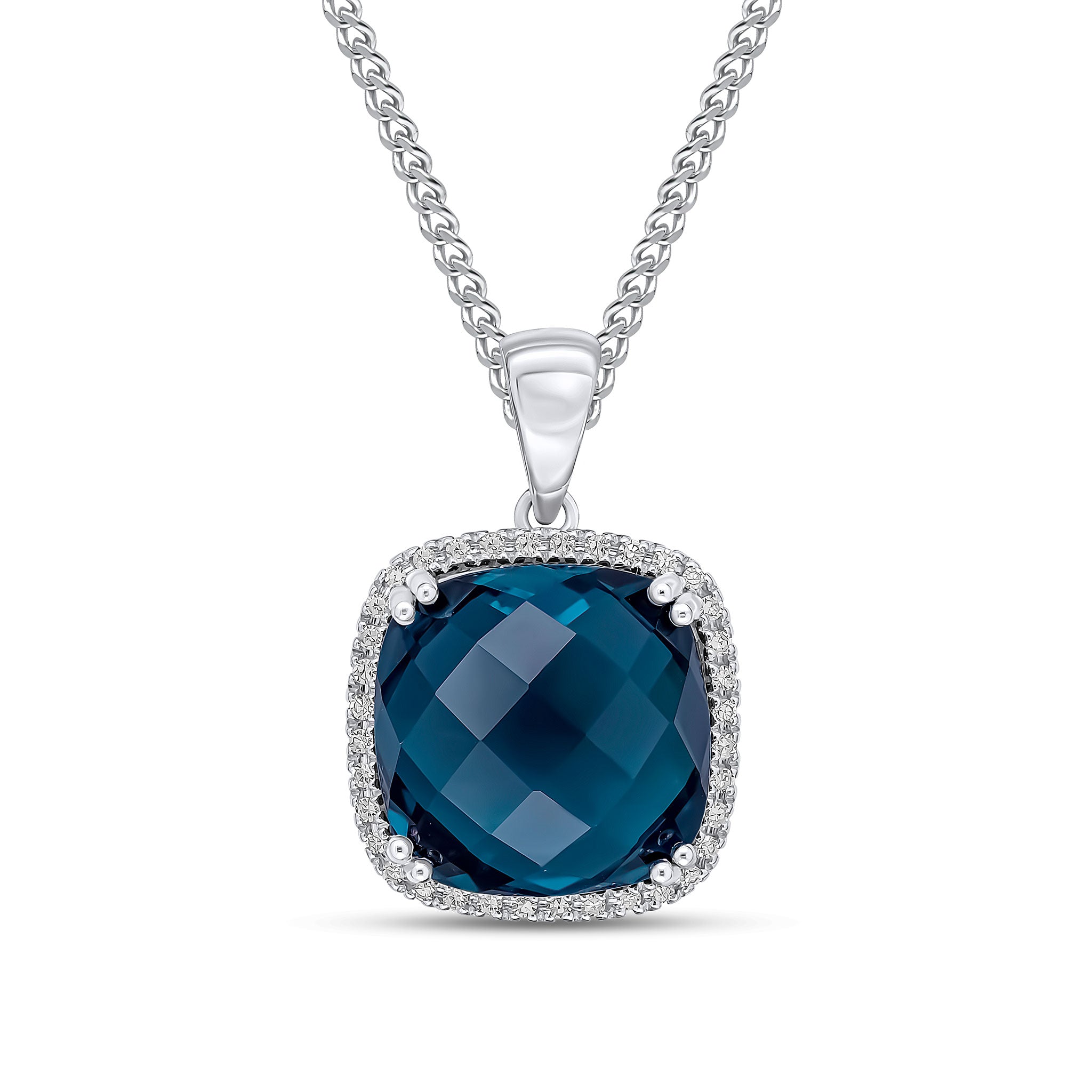 9ct White Gold 12mm Checkerboard Cut Cushion London Blue Topaz & Diamond Cluster Pendant